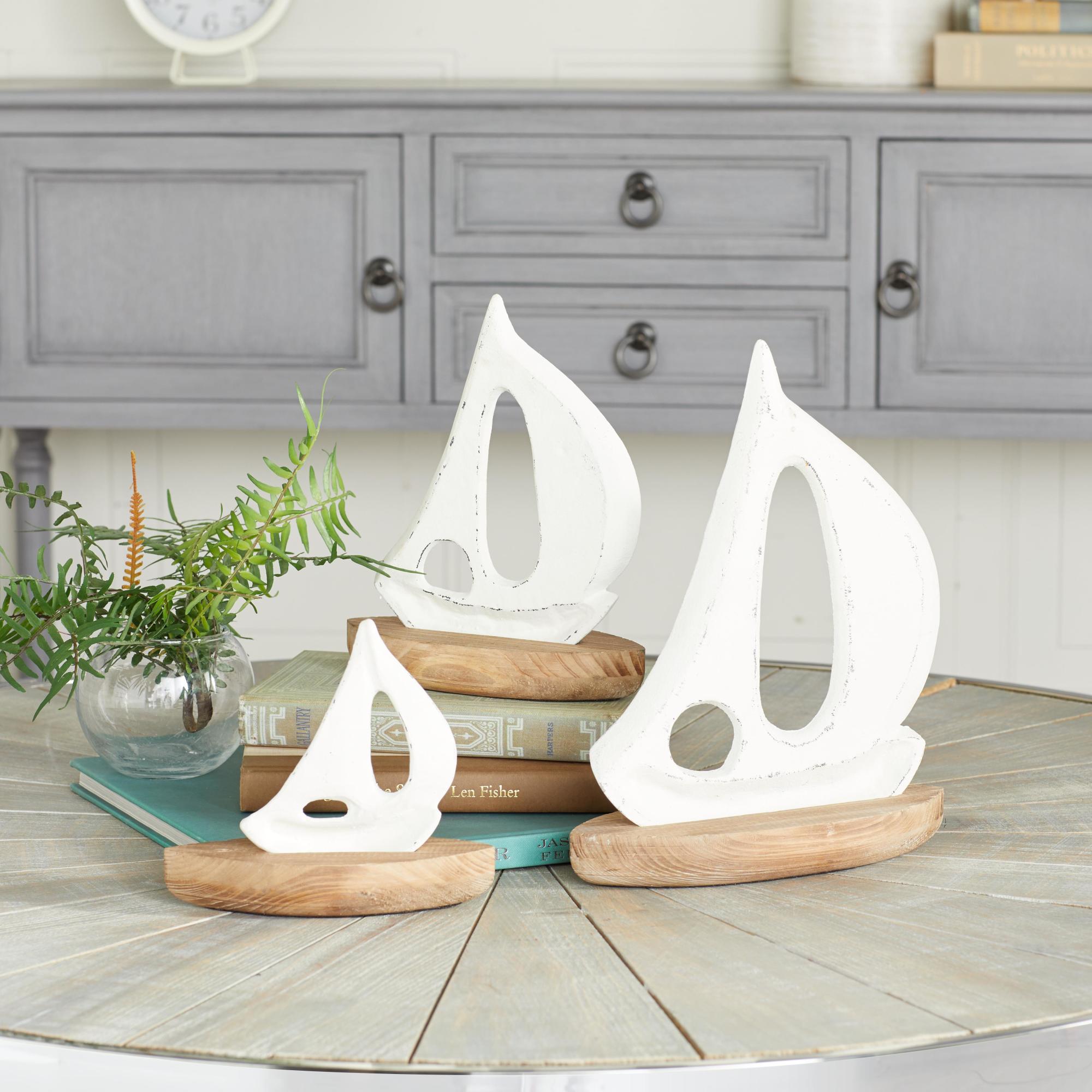 Set of 3 Sail Boat White Wood Decorative Sculpture with Wood Base