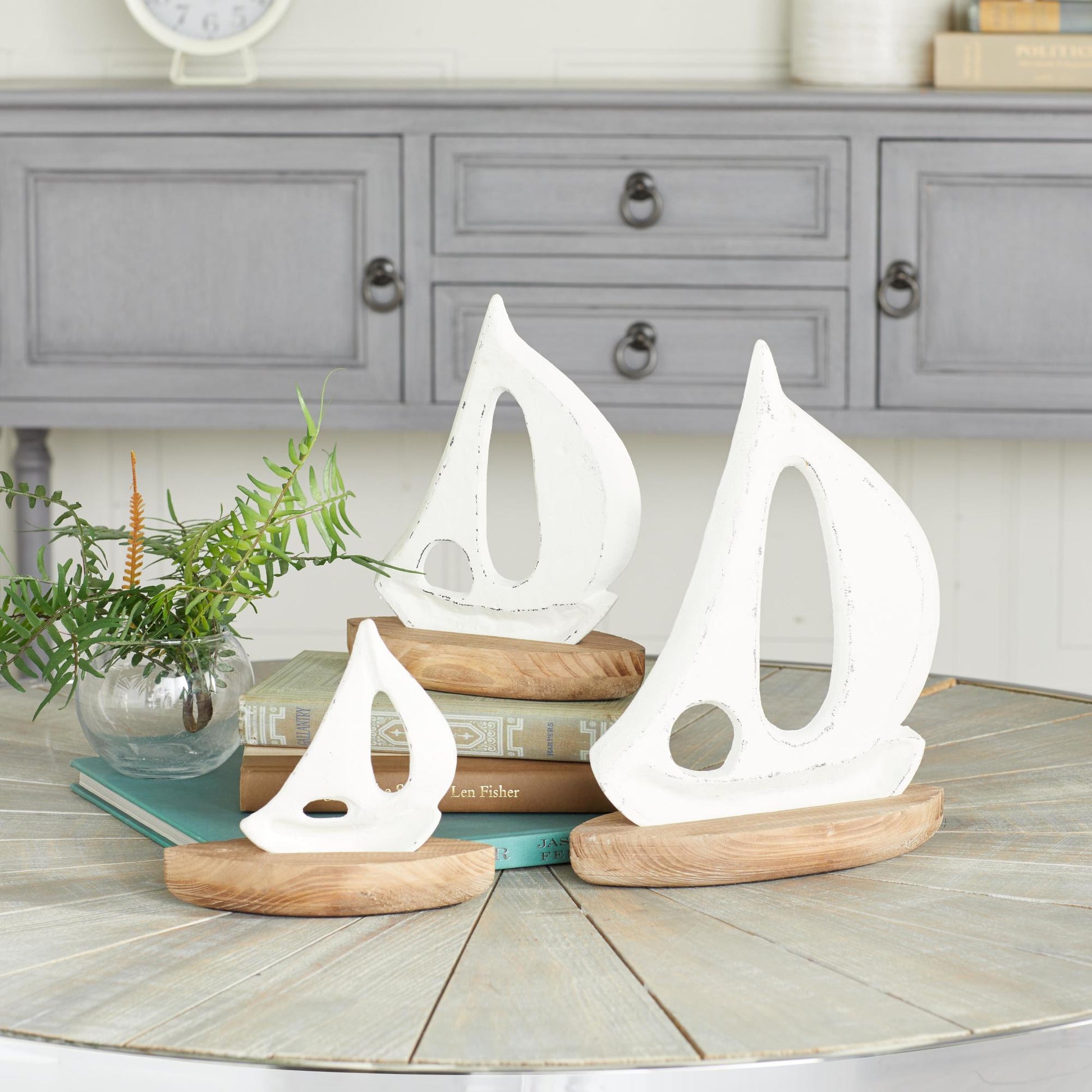 Set of 3 Sail Boat White Wood Decorative Sculpture with Wood Base