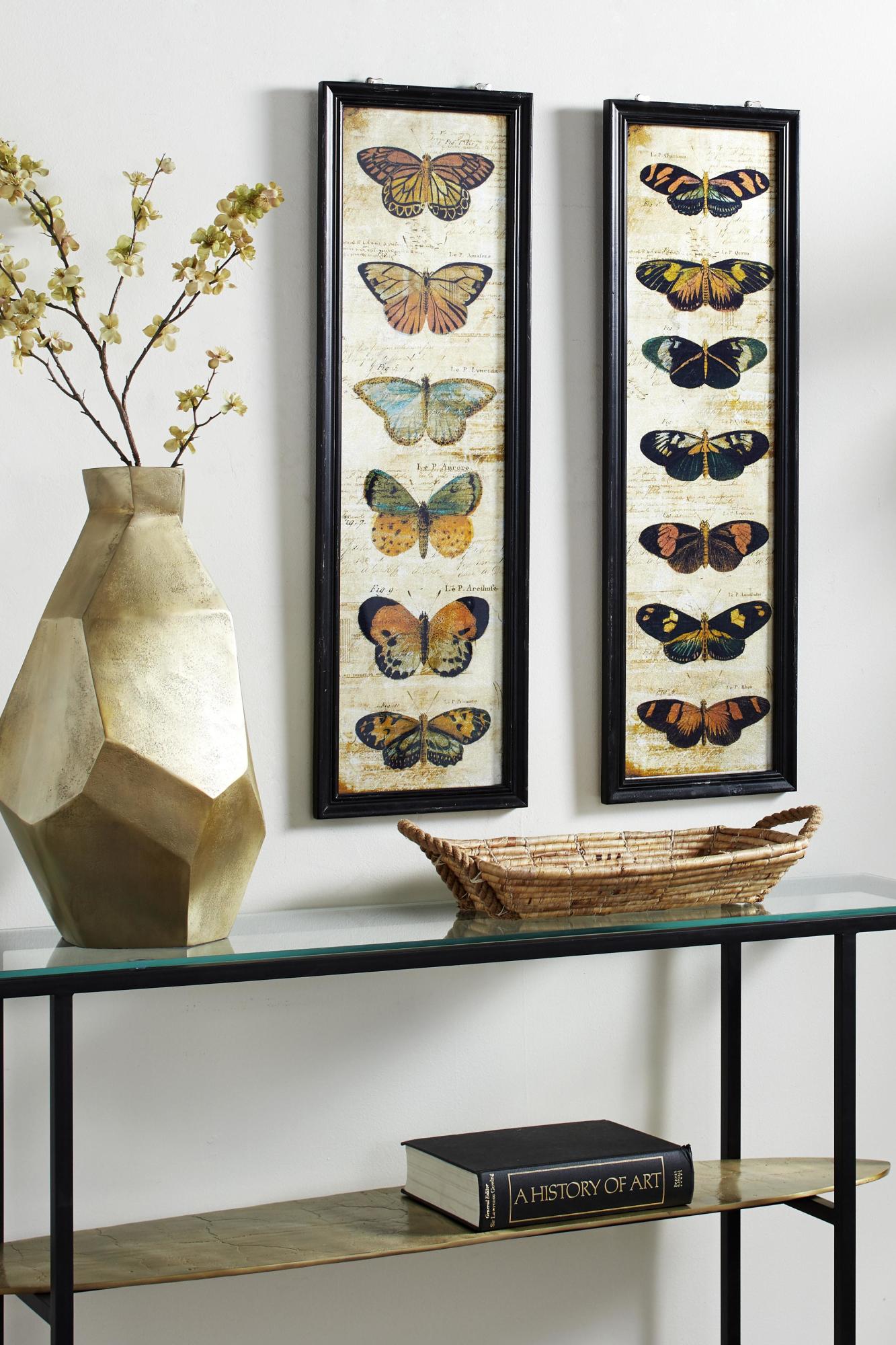 Set of 2 Butterfly Multi Colored Glass Living Room Framed Wall Art with Black Frame