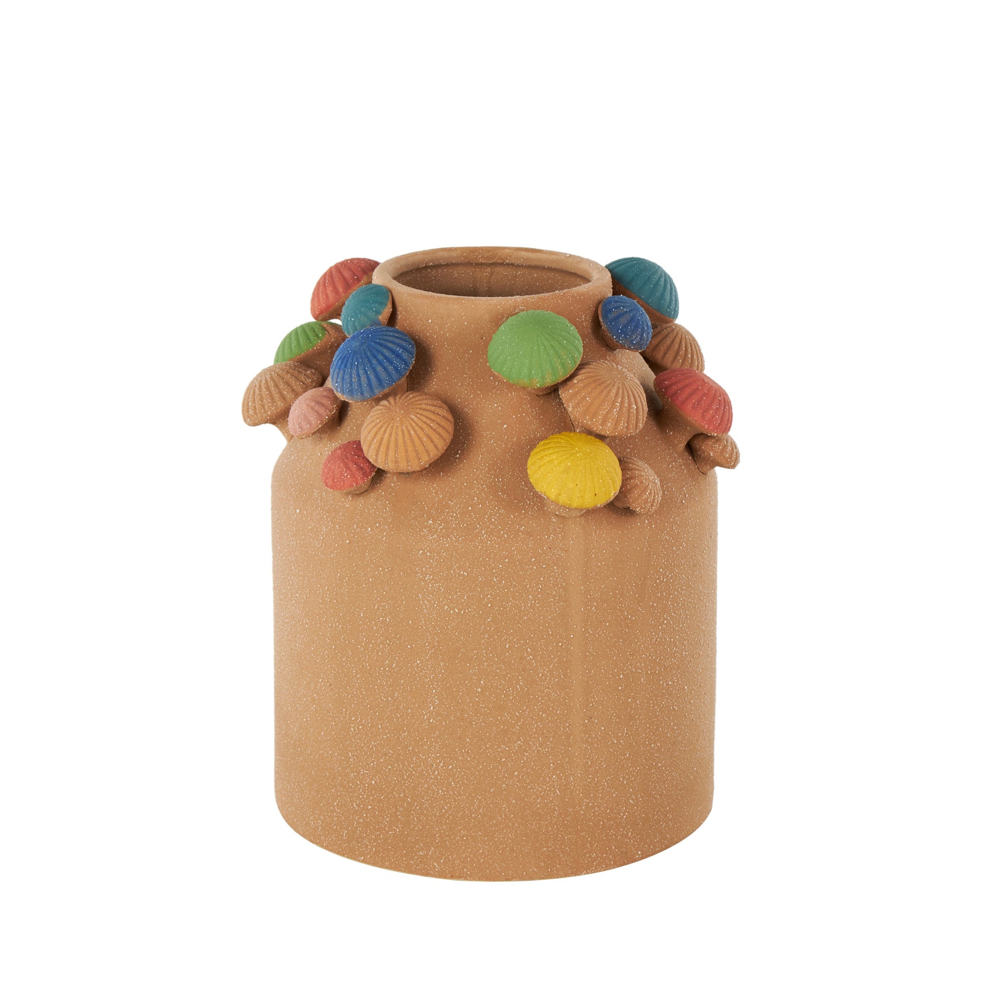 Mushroom Brown Ceramic Round Wide Decorative Vase with Multicolor Accents and White Speckles