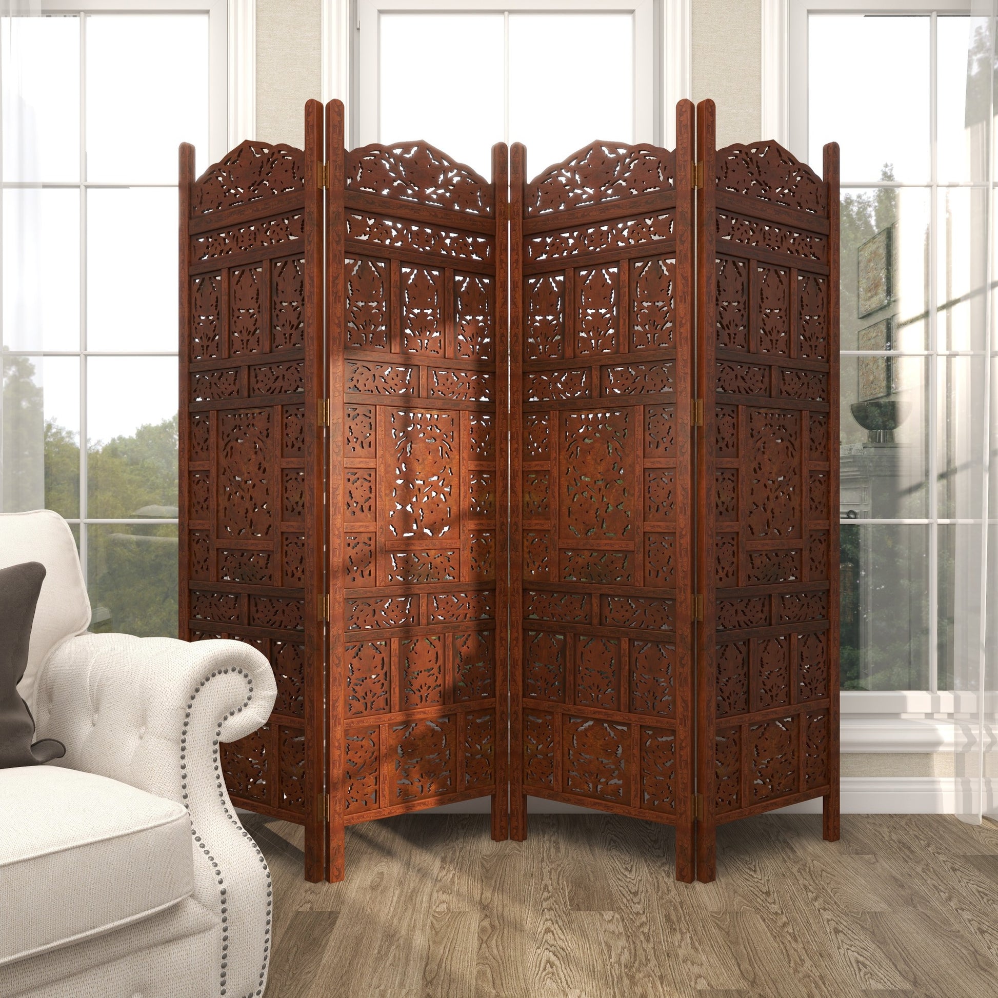 Floral Red Wood Handmade Carved Foldable Partition 4 Panel Partition Room Divider Screen