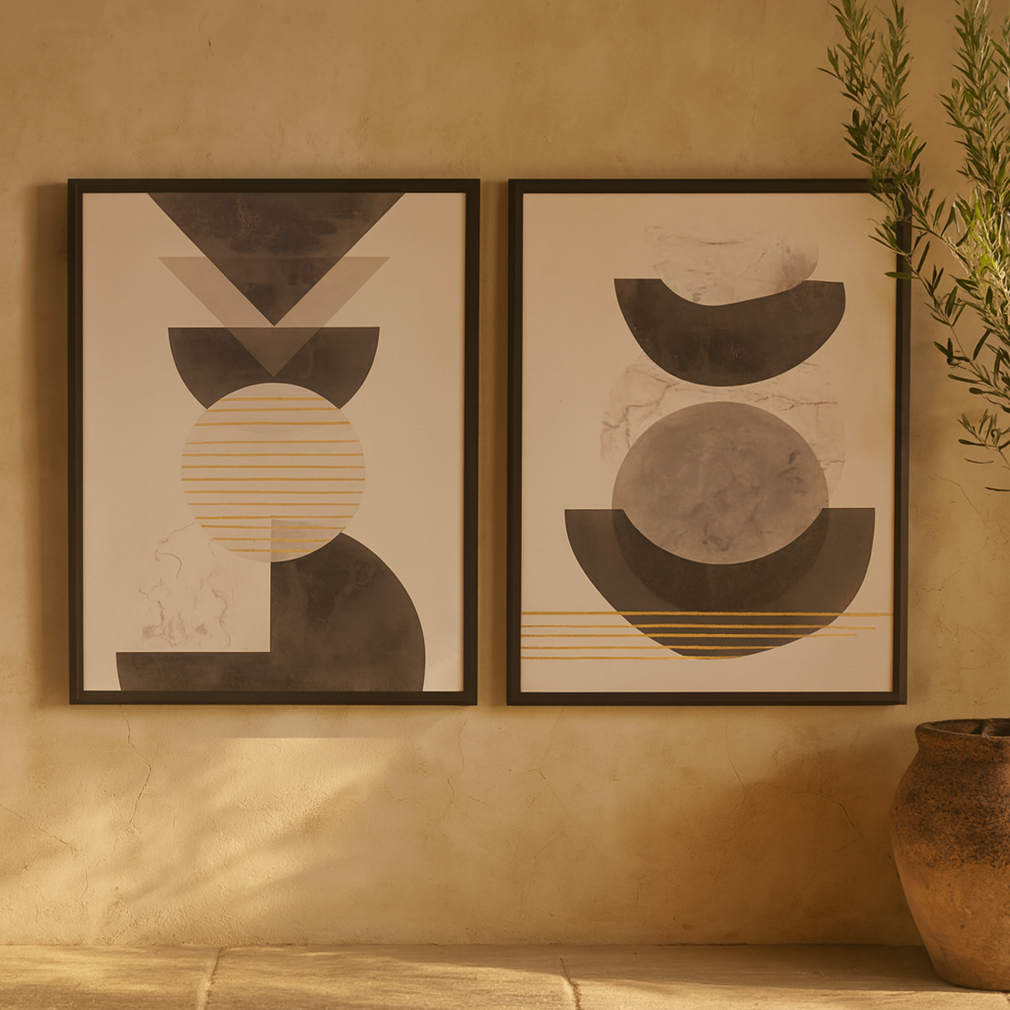 Set of 2 Geometric White Canvas Mid Century Modern Geometric Living Room Framed Wall Art with Gold Foil Accent