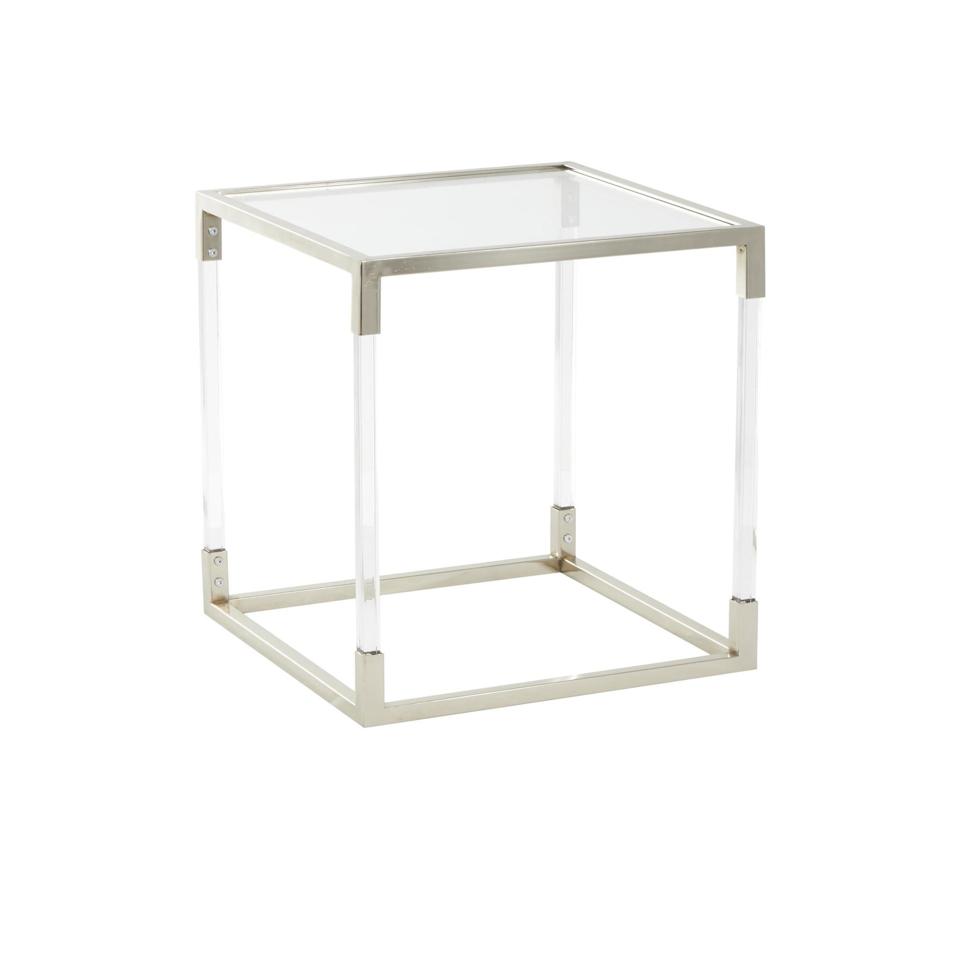 Metal Side End Accent Table with Clear Glass Top and Acrylic Legs