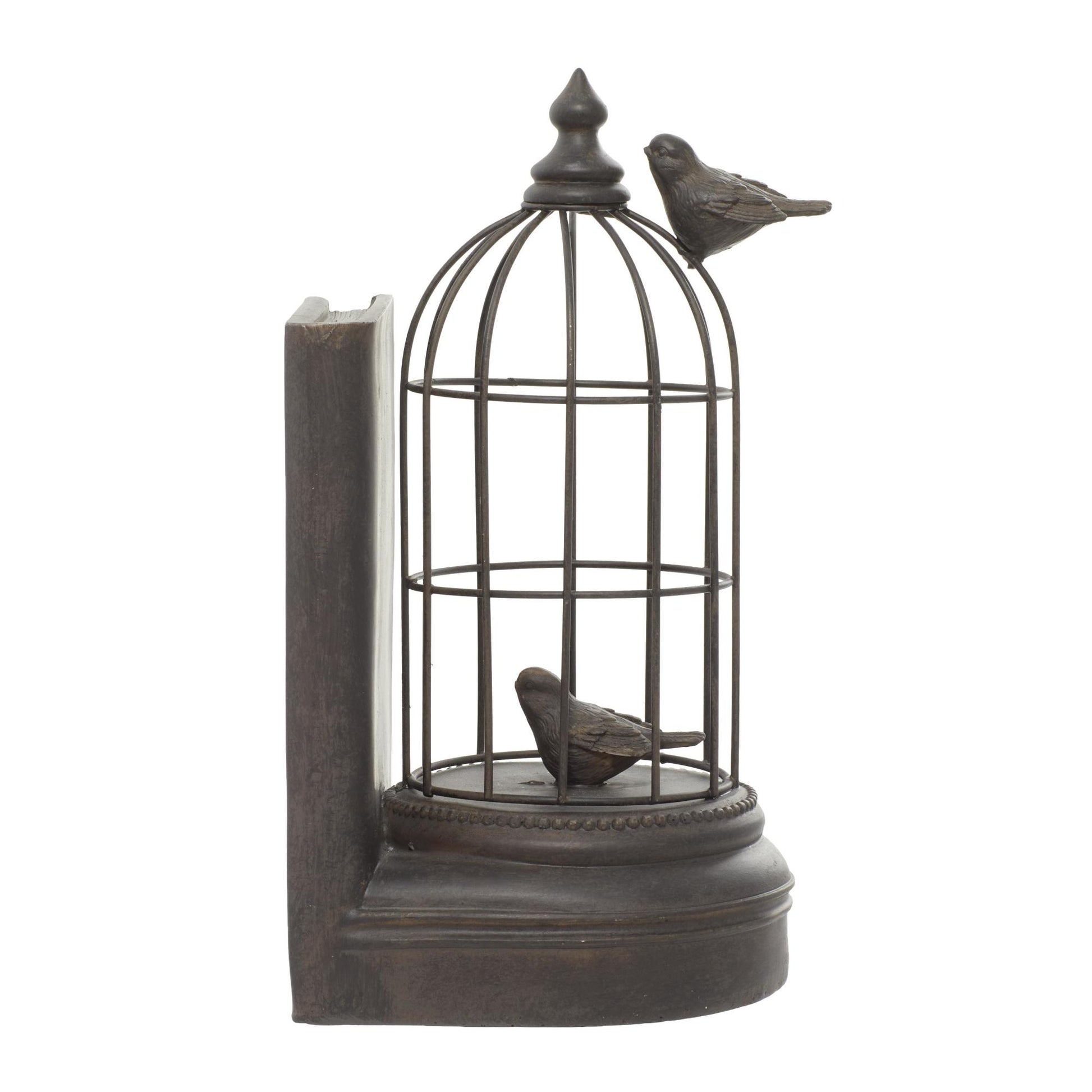 Set of 2 Bird Black Metal Decorative Bookends with Cages