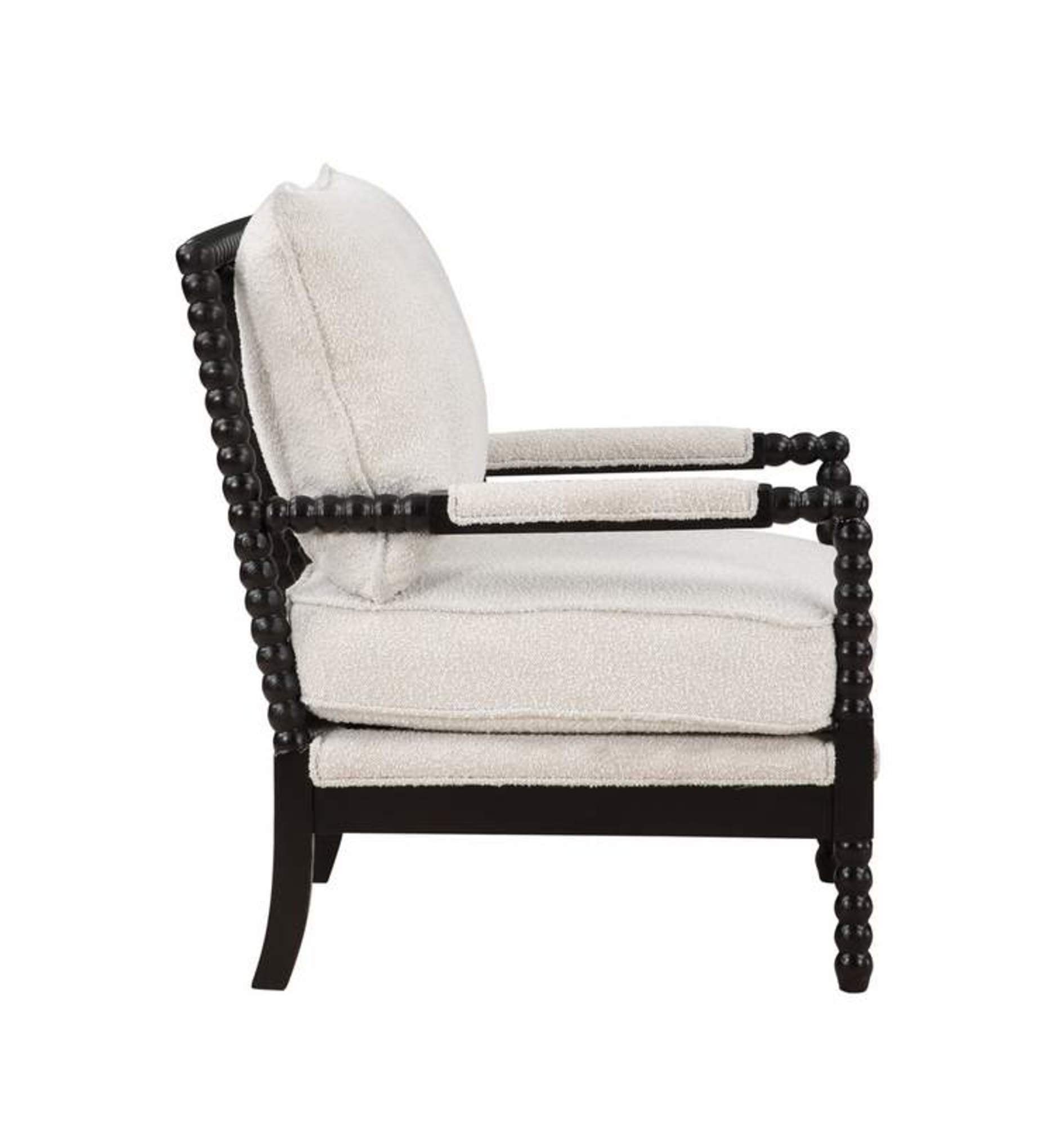 White Fabric Cushioned Living Room Accent Chair with Black Wooden Spindle Legs and Cushioned Armrests