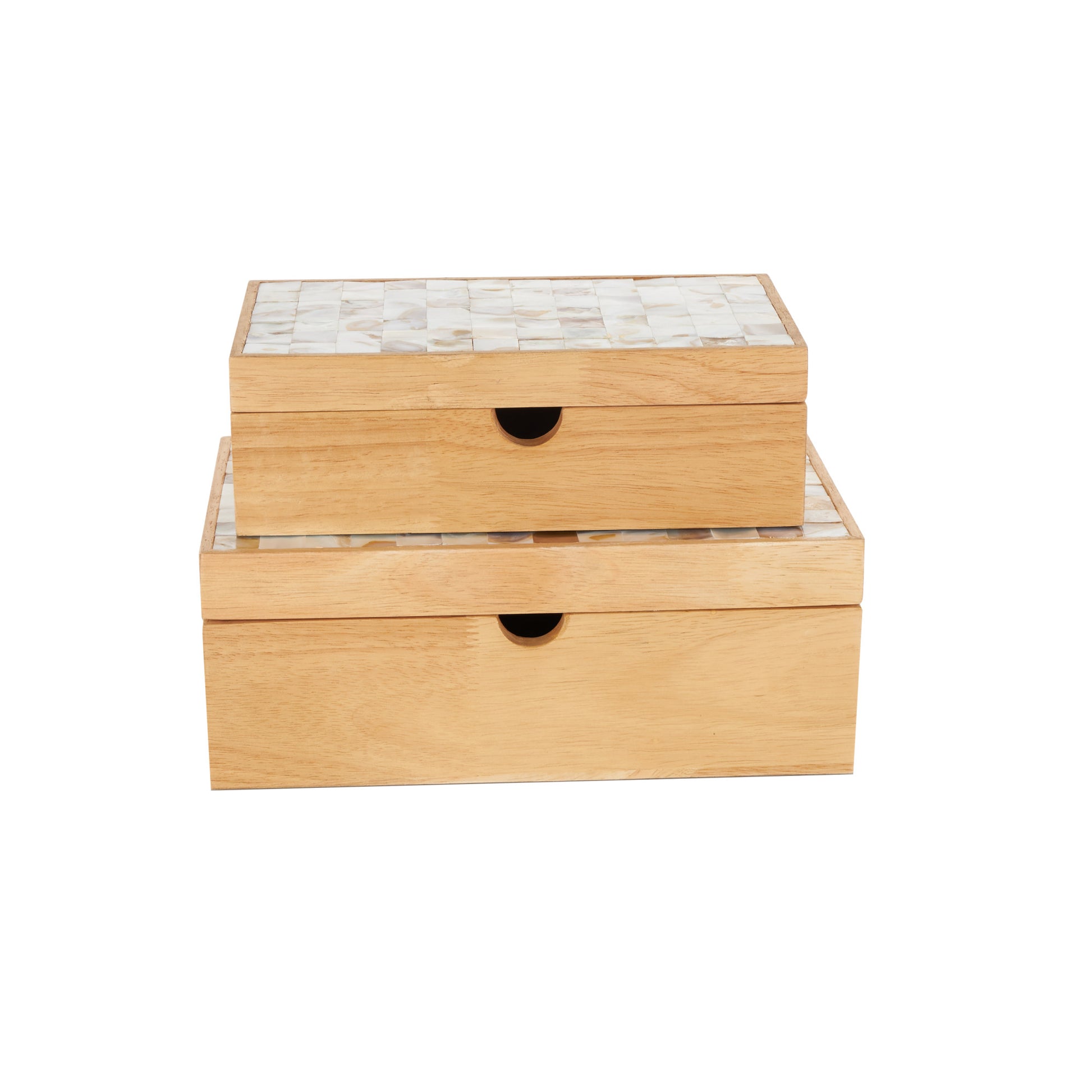 Set of 2 Light Brown Wood Handmade Storage Decorative Box with Seashell Tops