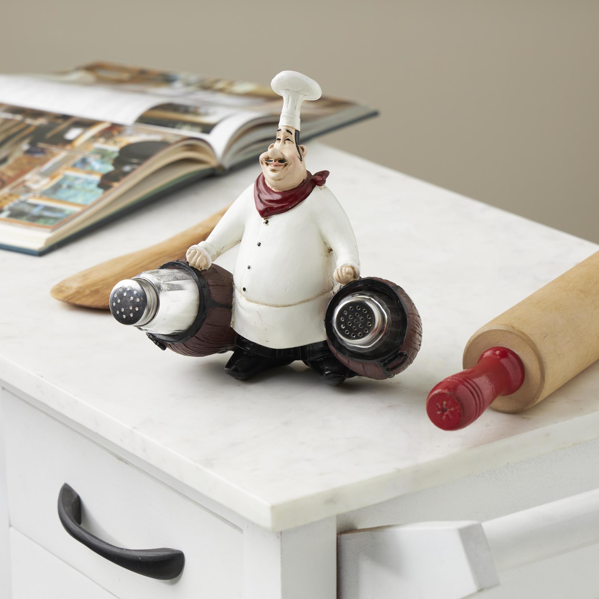 Chef White Polystone Figurine Decorative Salt and Pepper Shaker Holder with Wood Barrel Accents