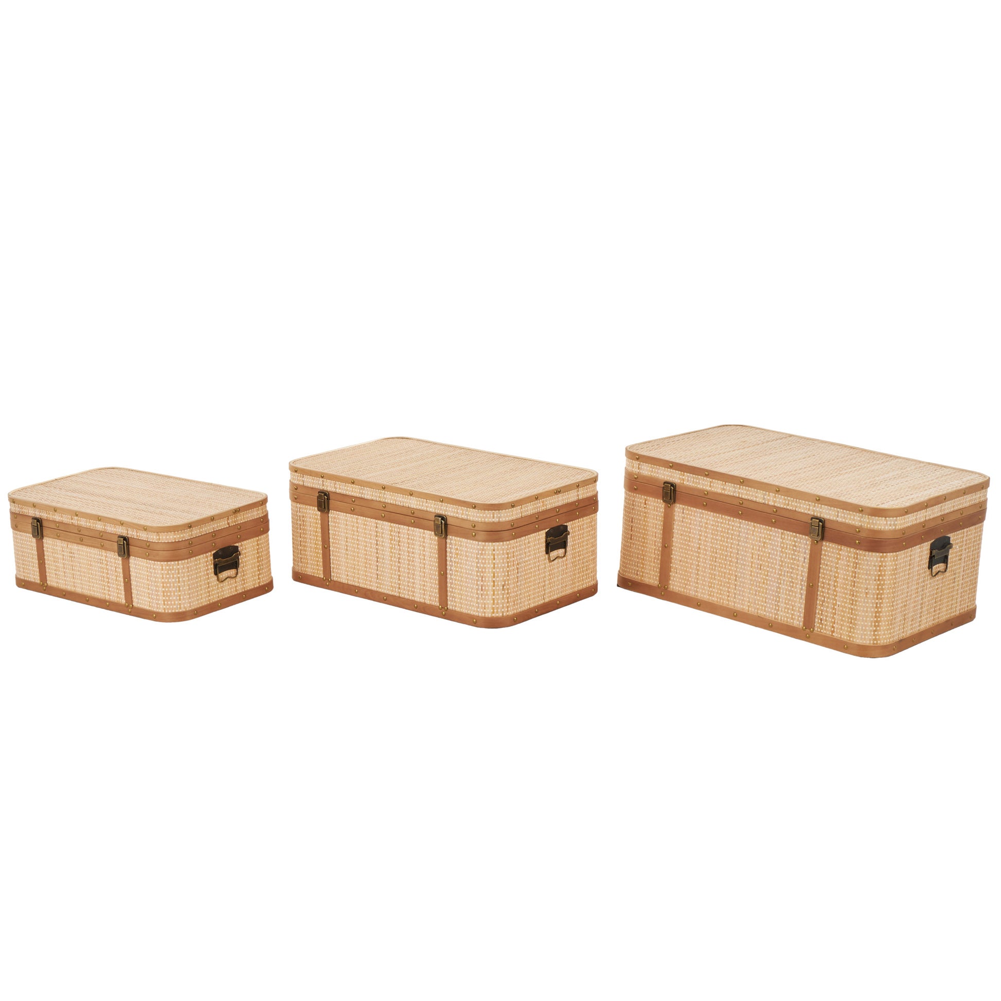 Set of 3 Light Brown Rattan Woven Decorative Trunk with Brass Metal Latches and Brown Wooden Accents
