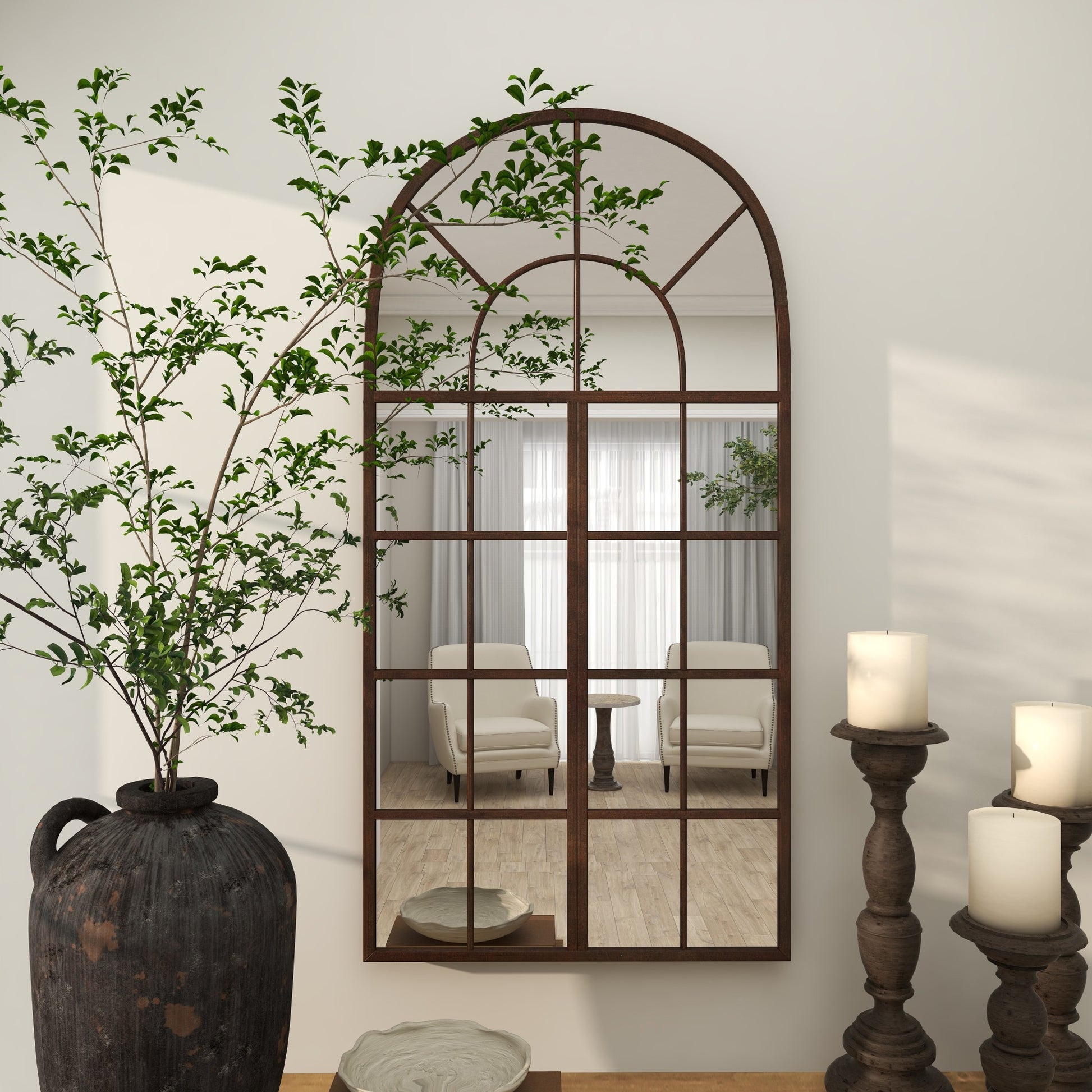 Brown Metal Arched Window Pane Room Wall Mirror