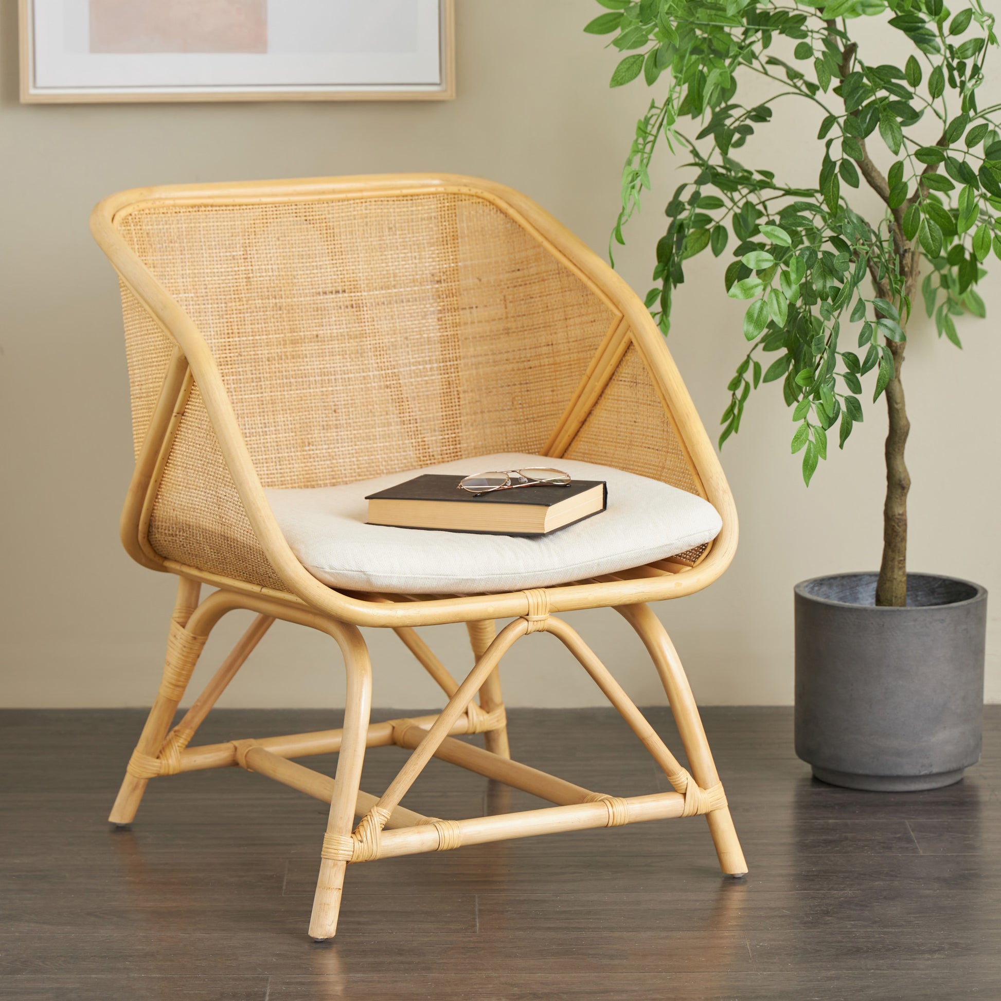 Light Brown Rattan Woven Squared Living Room Accent Chair with White Fabric Cushion