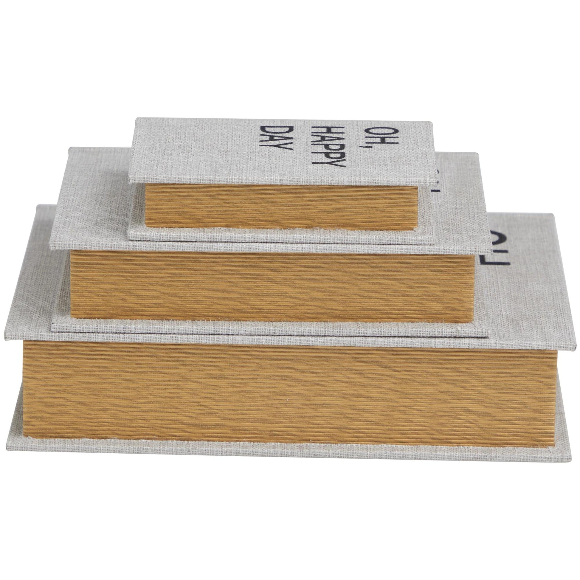 Set of 3 Text Light Gray Linen Fabric Faux Book Storage Decorative Box with Black Lettering