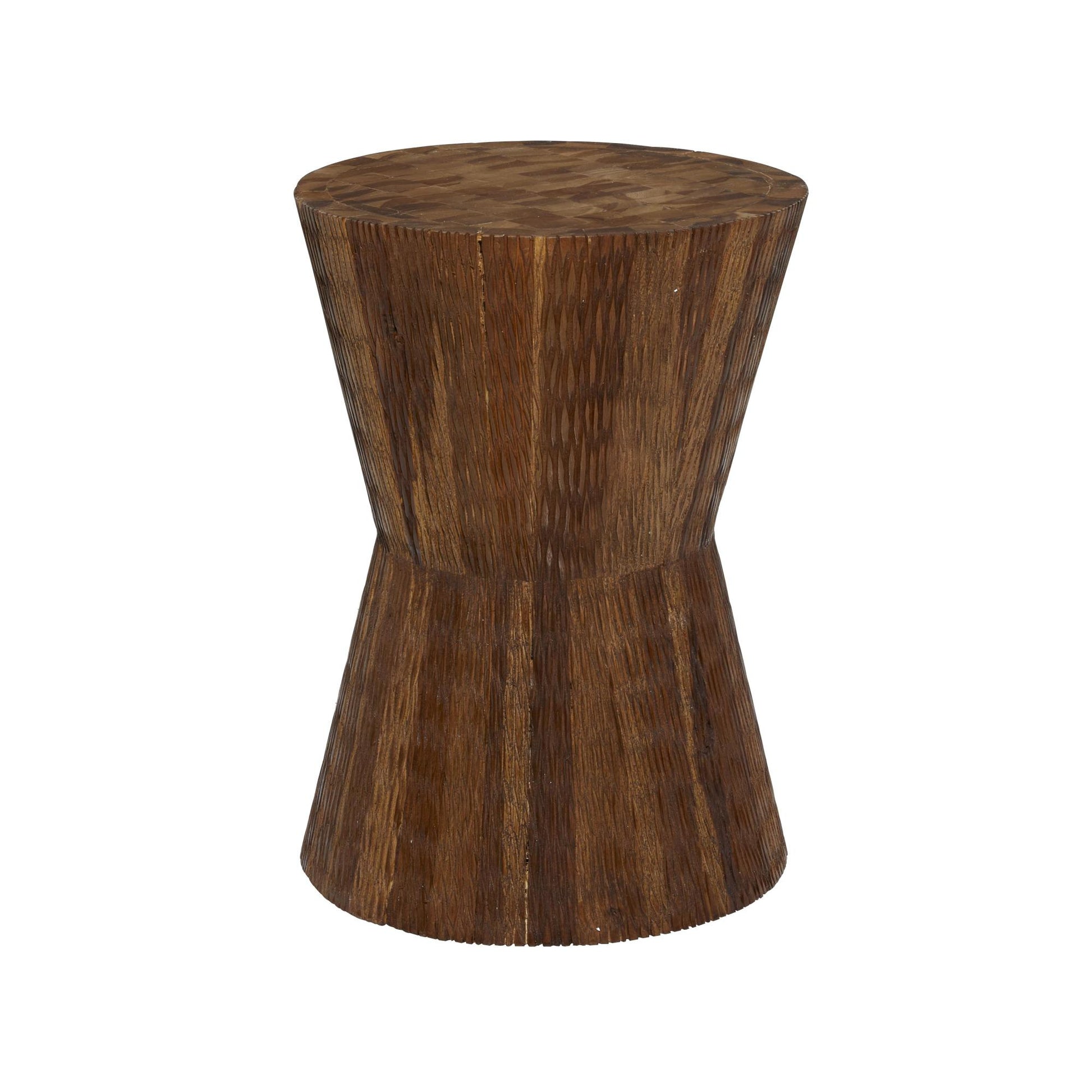 Geometric Teak Wood Handmade Hourglass Side End Accent Table with Stacked Wood Pieces