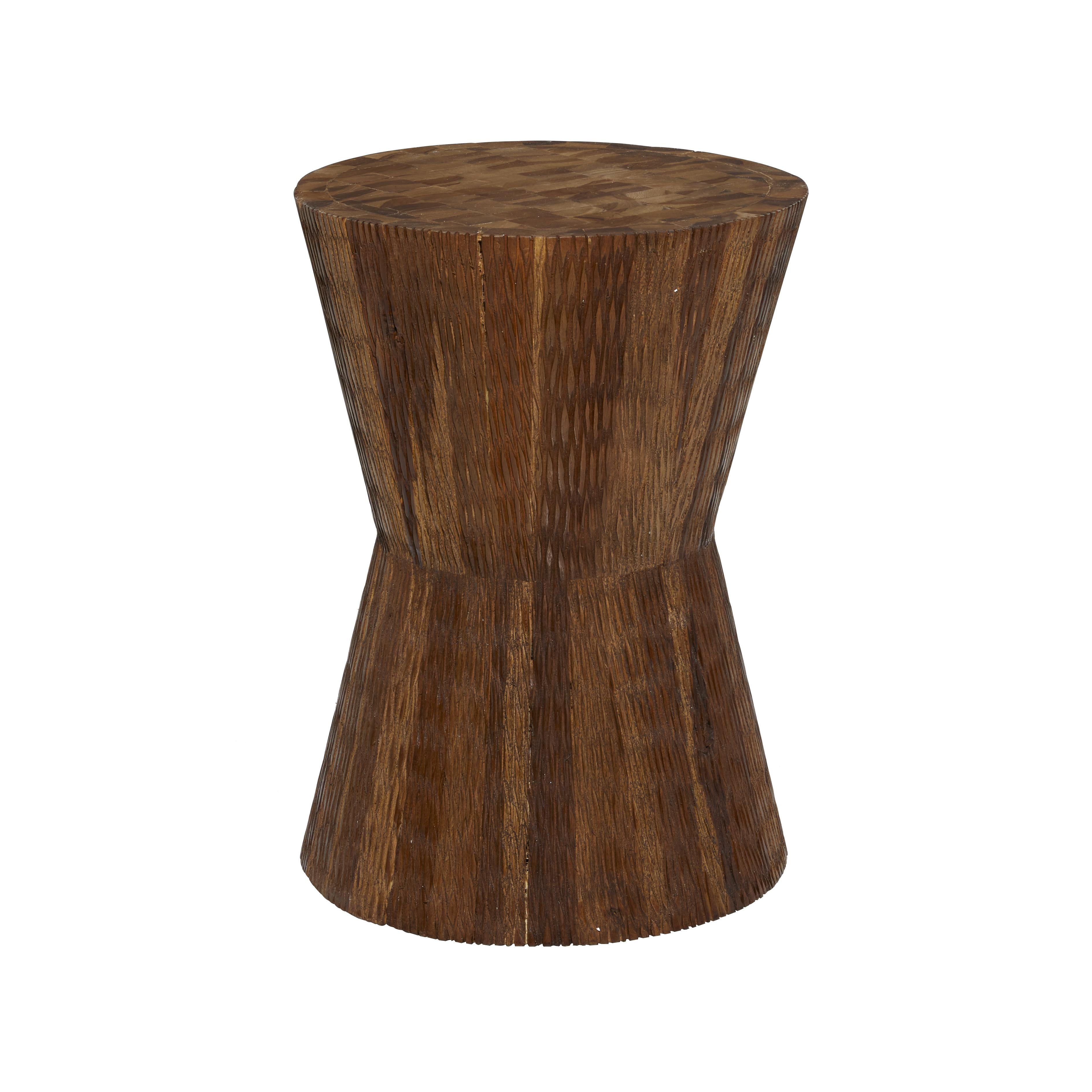 Geometric Teak Wood Handmade Hourglass Side End Accent Table with Stacked Wood Pieces