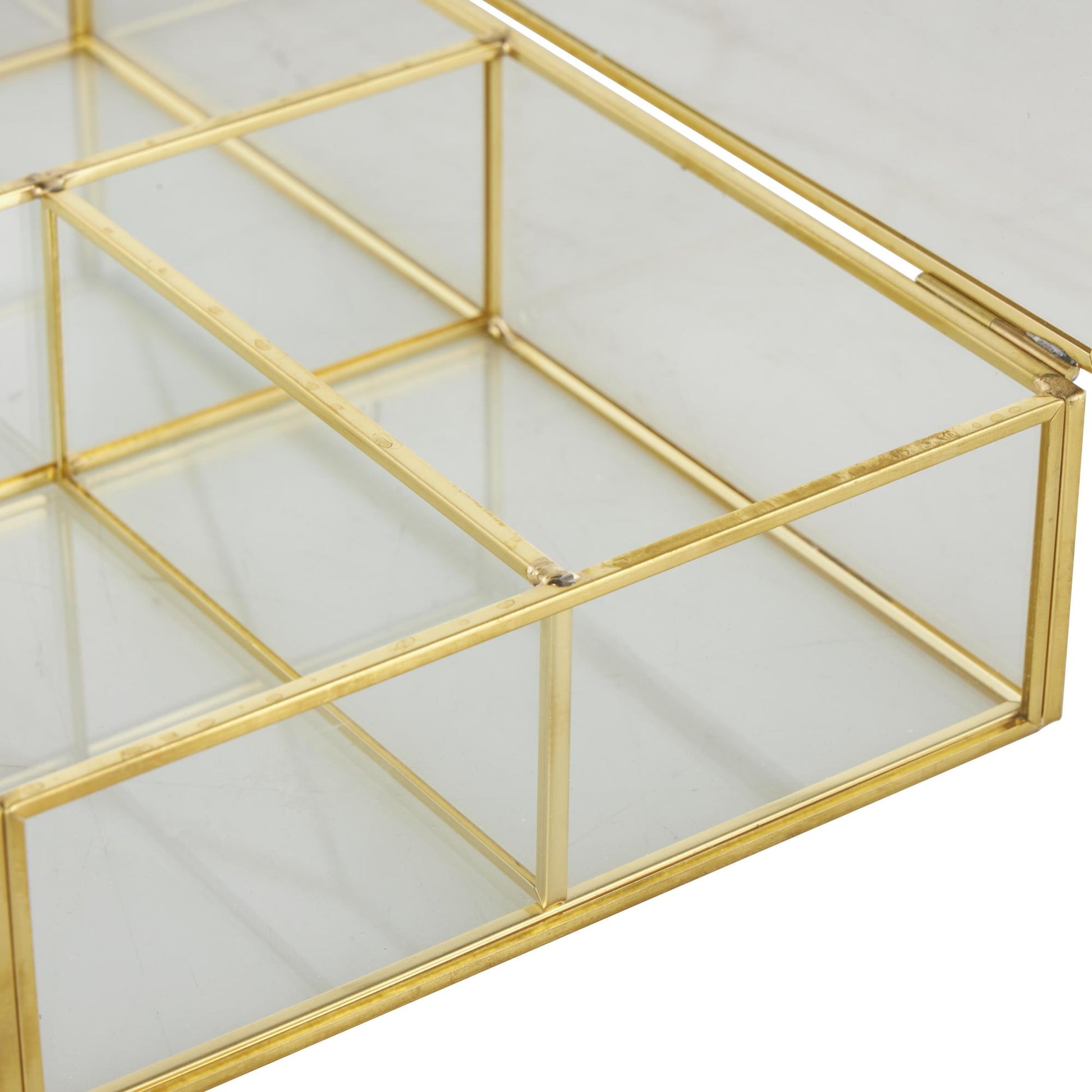 Clear Glass 3 Slot Decorative Jewelry Box with Gold Metal Frame and Chain Accent