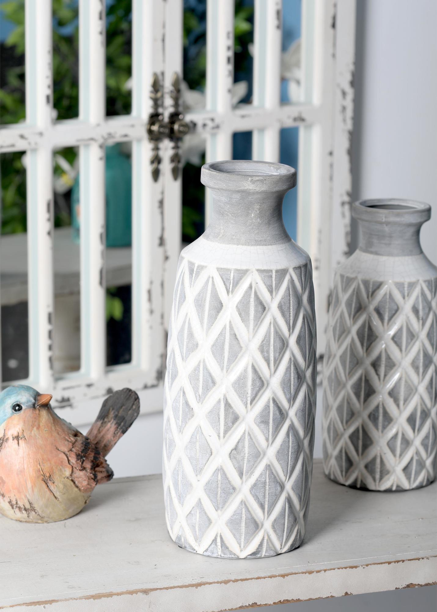 Gray Ceramic Decorative Vase with White Diamond Pattern