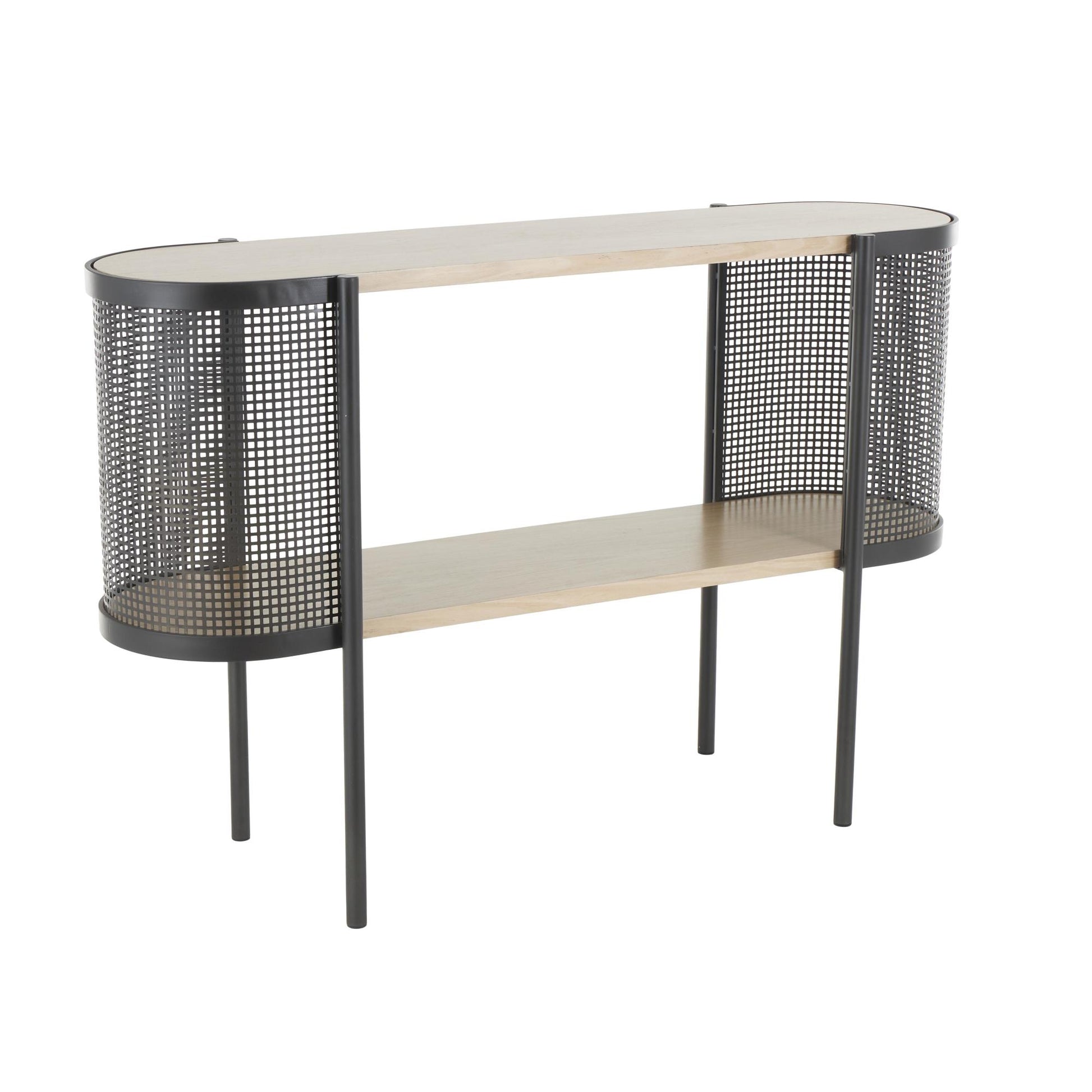 Light Brown Wooden Oval Two-Toned Living Room Console Table with Mesh Side Panels and Brown Wood Tabletop