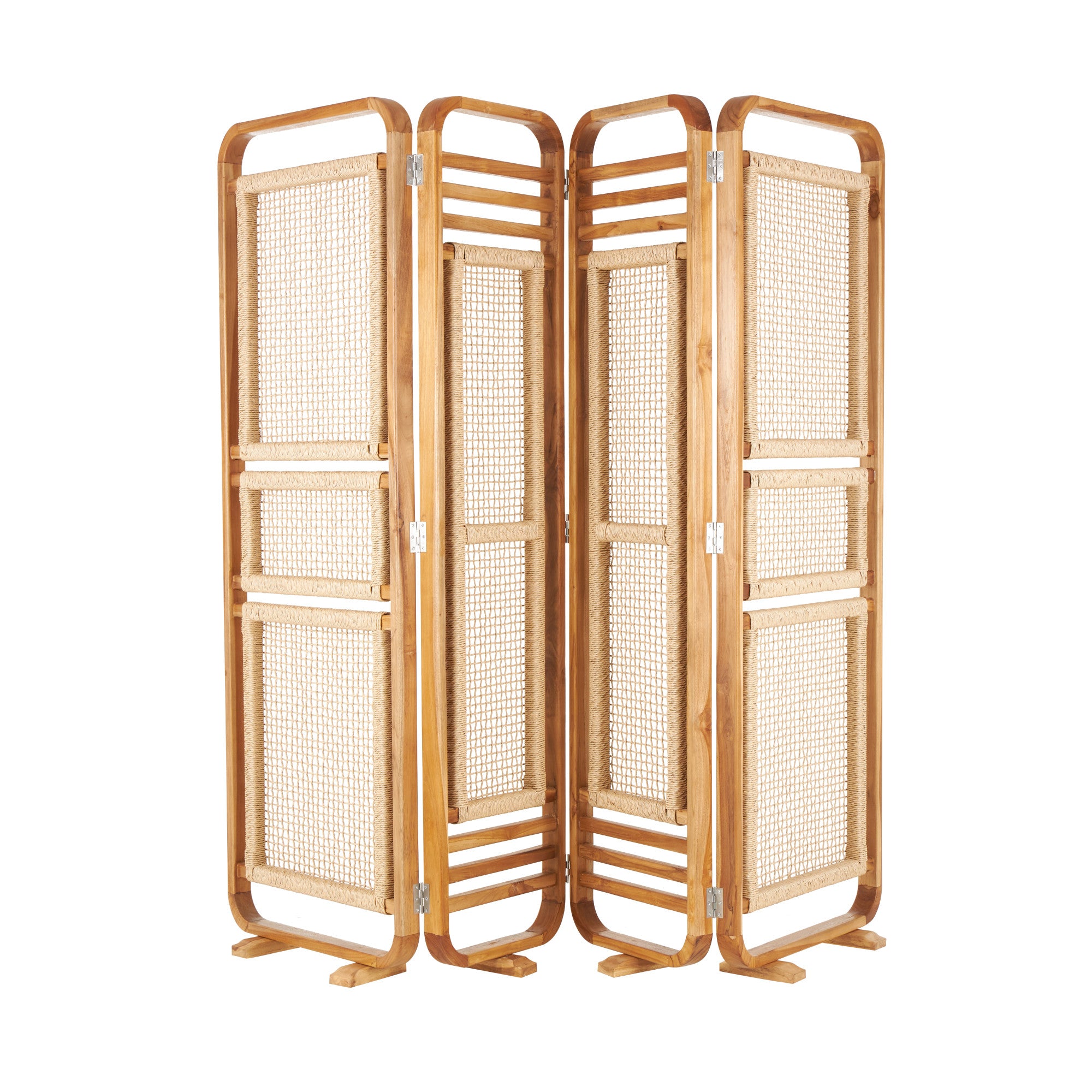 Brown Teak Wood Handmade Foldable Partition 4 Panel Partition Room Divider Screen with Woven Rattan Panels