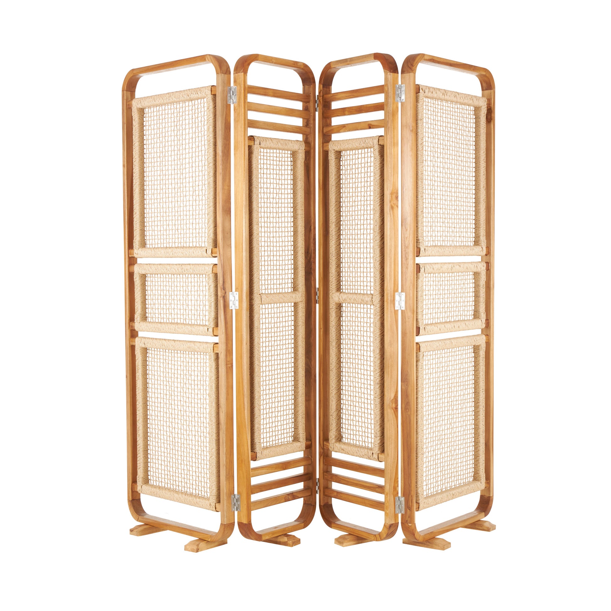 Brown Teak Wood Handmade Foldable Partition 4 Panel Partition Room Divider Screen with Woven Rattan Panels