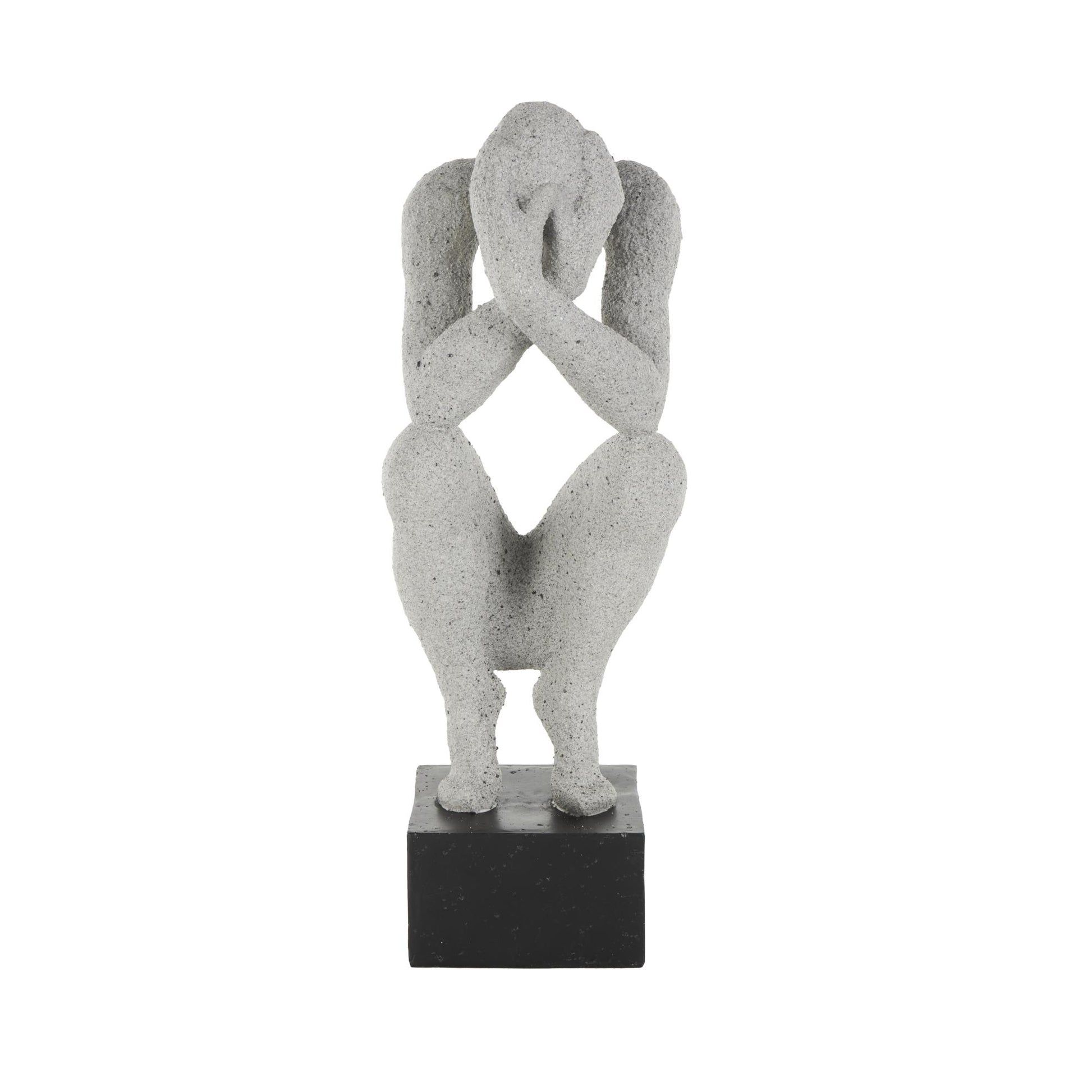 People Gray Polystone Crouching Decorative Sculpture with Black Square Base