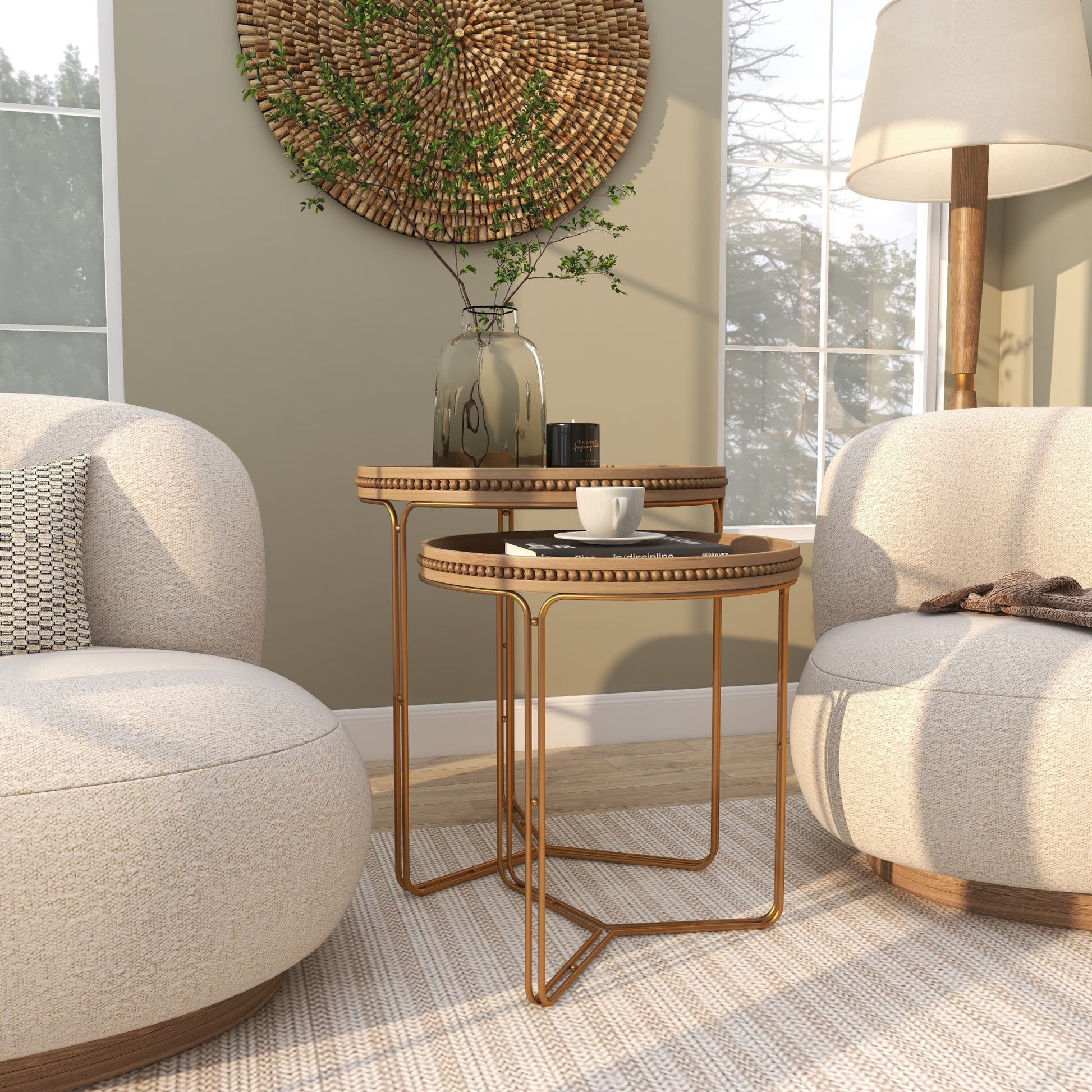 Set of 2 Brown Wooden Round Beaded Nesting Side End Accent Table