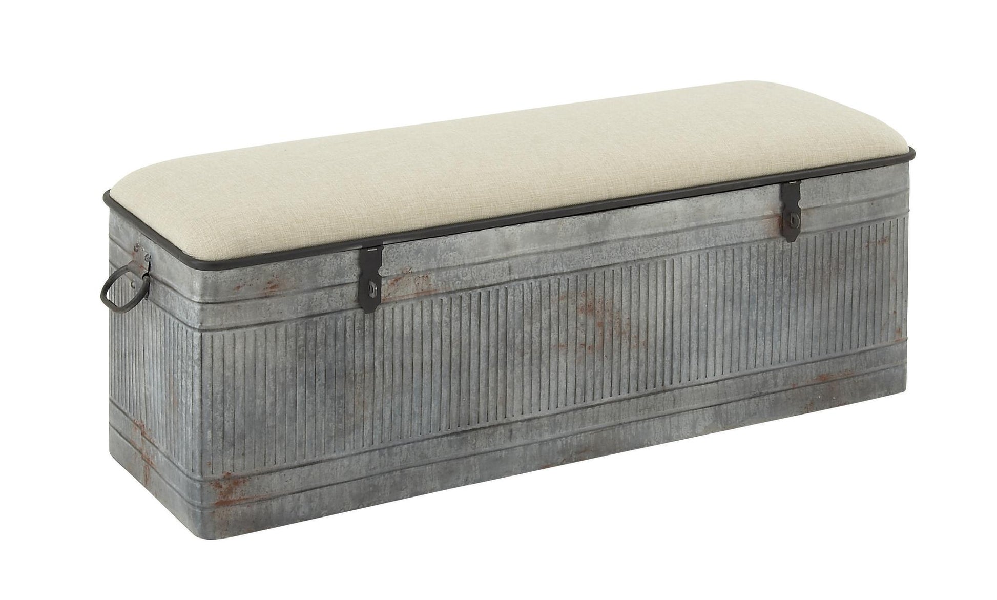 Gray Metal Galvanized Room Storage Bench with Cream Burlap Top and Black Latches