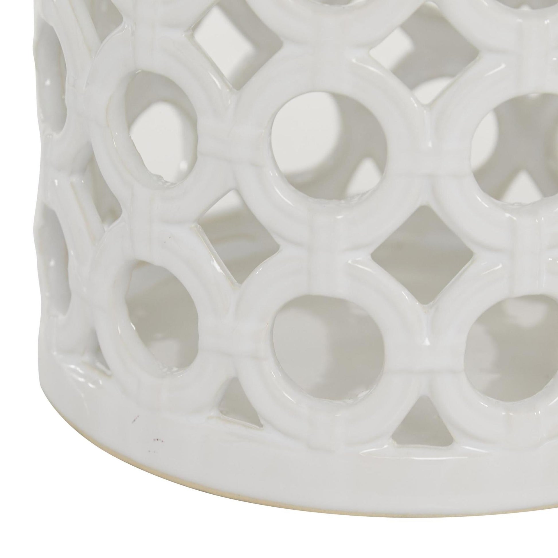 White Ceramic Circles Decorative Indoor Outdoor Candle Lantern with Cut Out Design