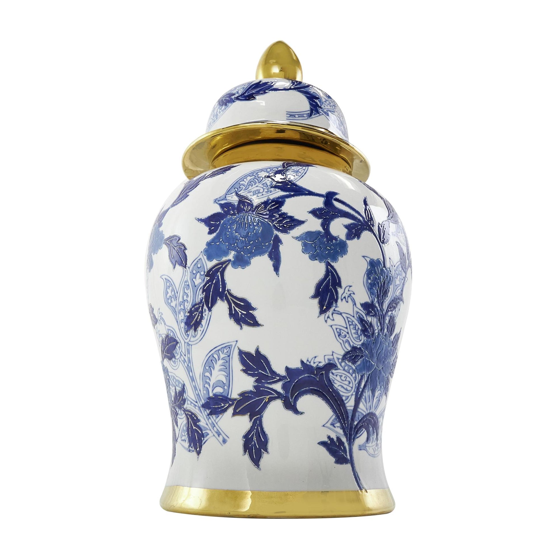 Floral Blue Ceramic Living Room Decorative Jars with Cream and Gold Accents