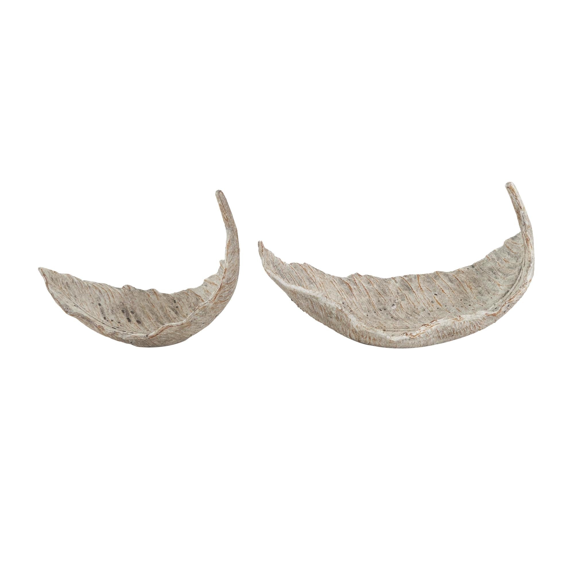 Set of 2 Leaf Champagne Resin Textured Large Decorative Bowl with Brown Details