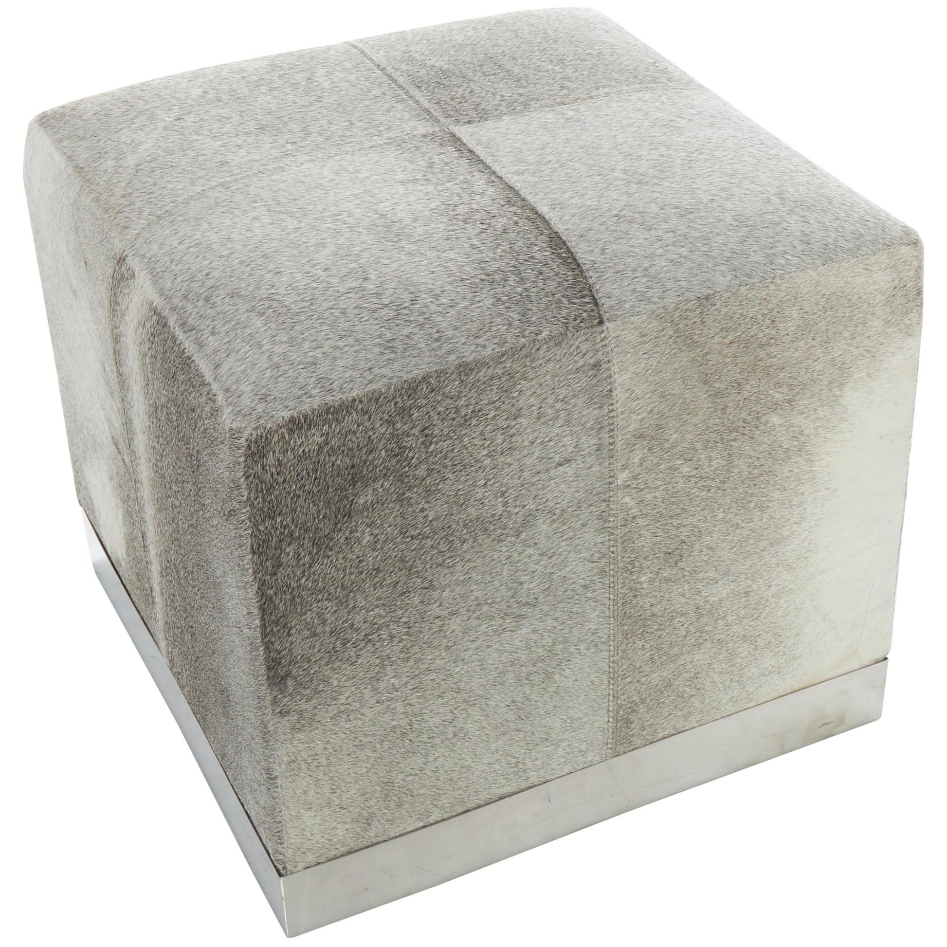 Gray Leather Patchwork Stuffed Pouf with Stainless Steel Base