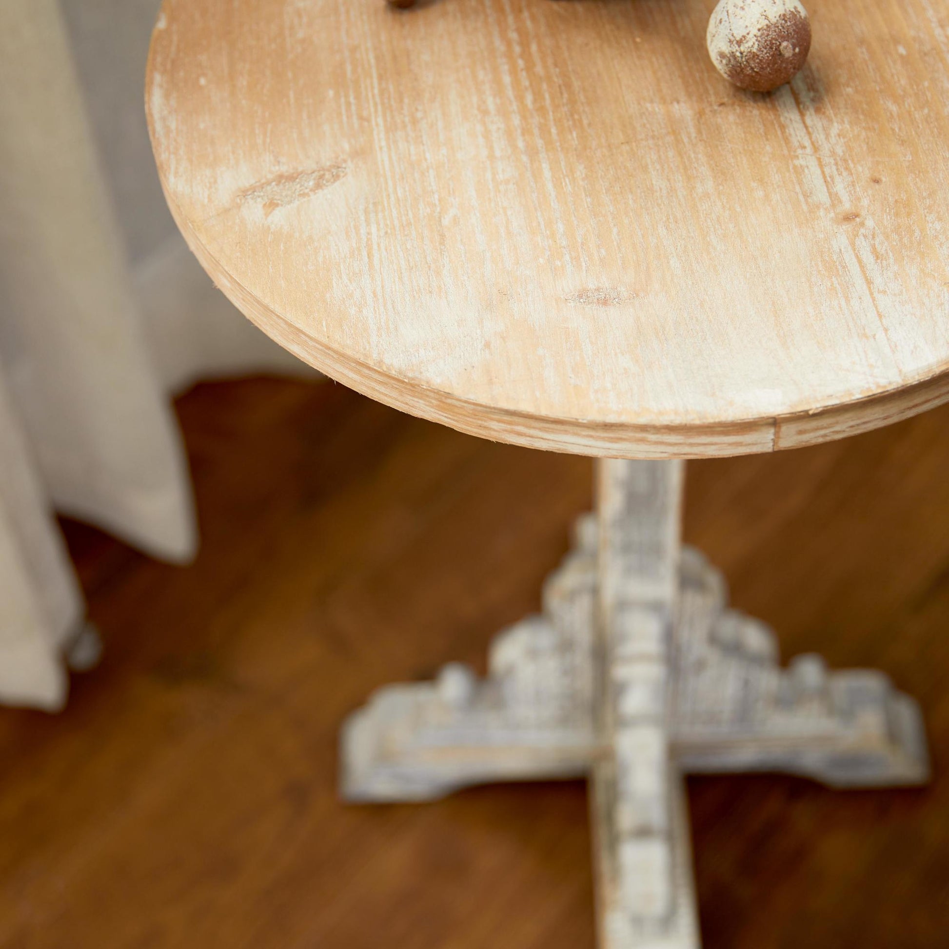 Scroll Wood Distressed Pedestal Side End Accent Table with Brown Wood Top 16" x 16" x 23"