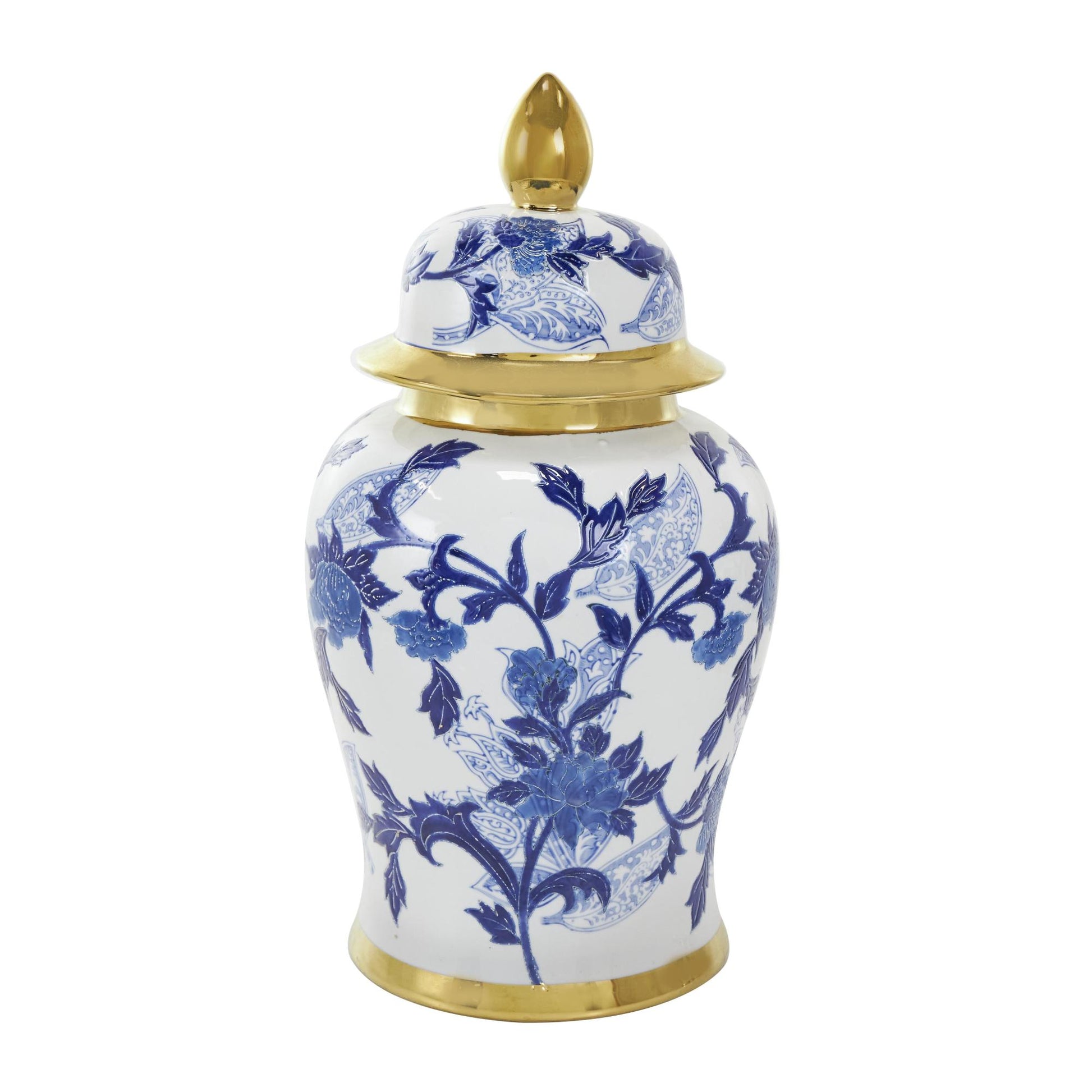Floral Blue Ceramic Living Room Decorative Jars with Cream and Gold Accents