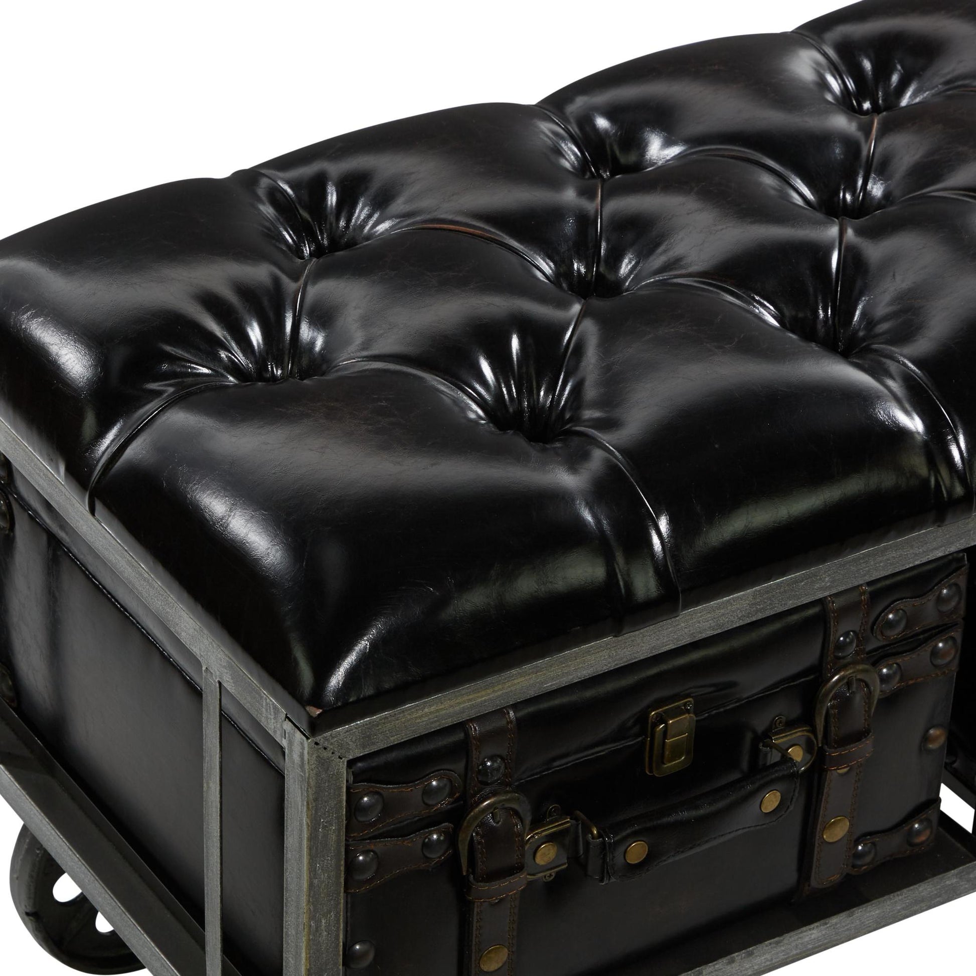 Black Faux Leather Tufted Upholstered 3 Trunk Room Storage Bench with Wheels