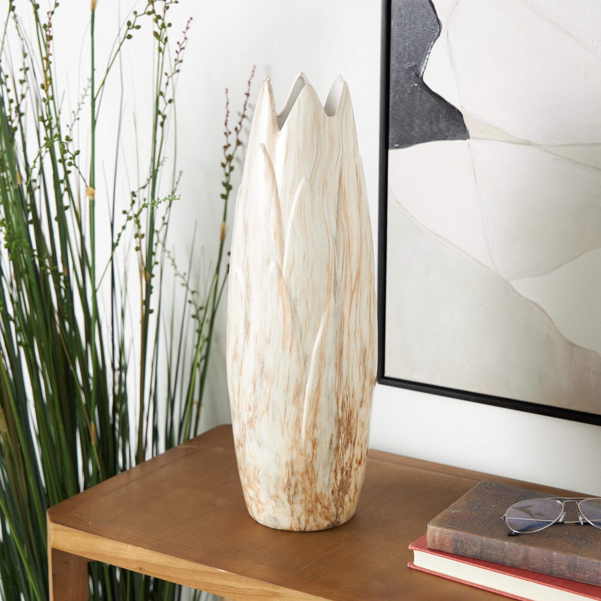 Ceramic Marbled Decorative Vase with Angled Edge Opening