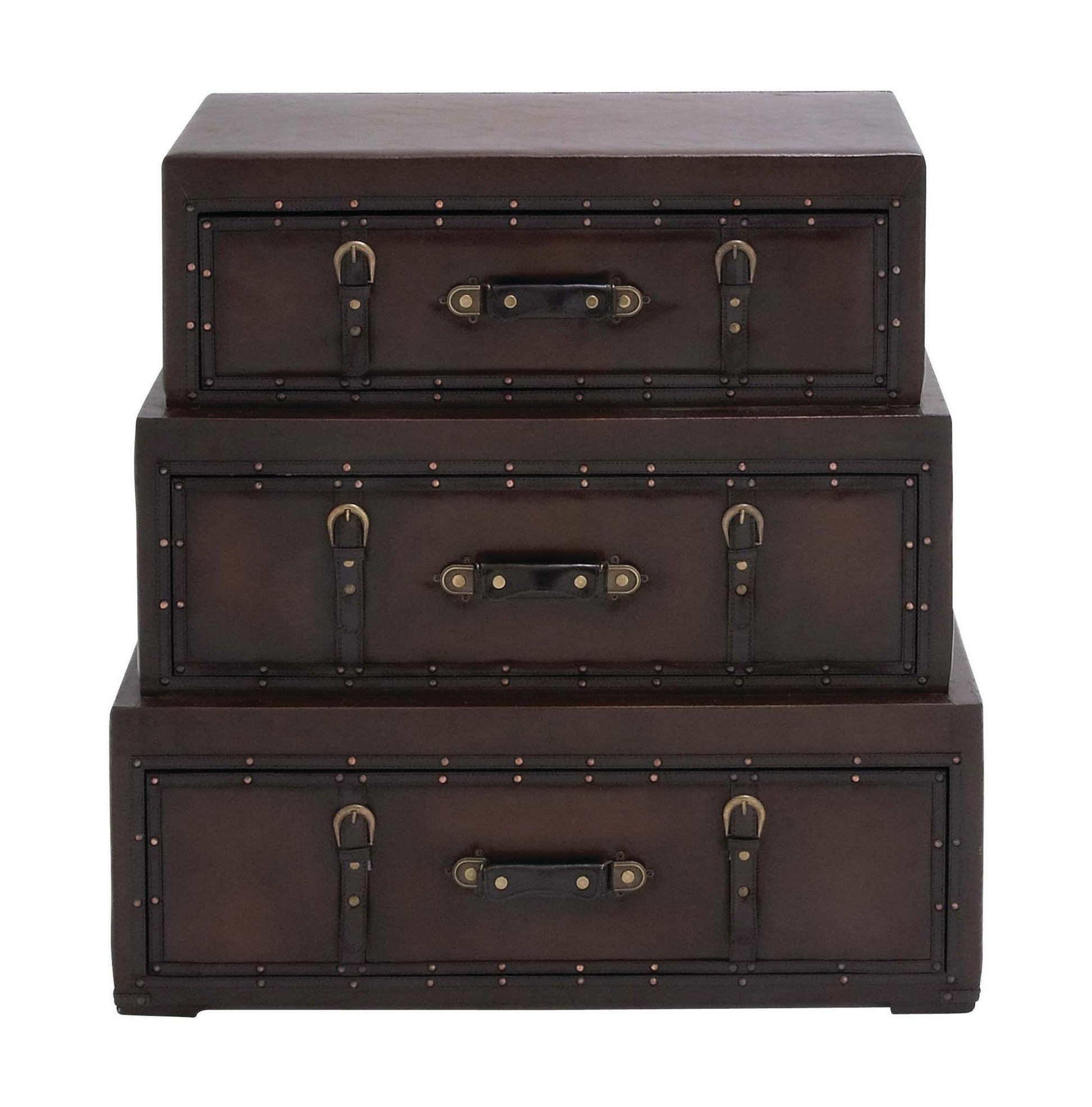 Brown Wood Vintage Faux Leather Room Chest with Buckles and Straps Detailing