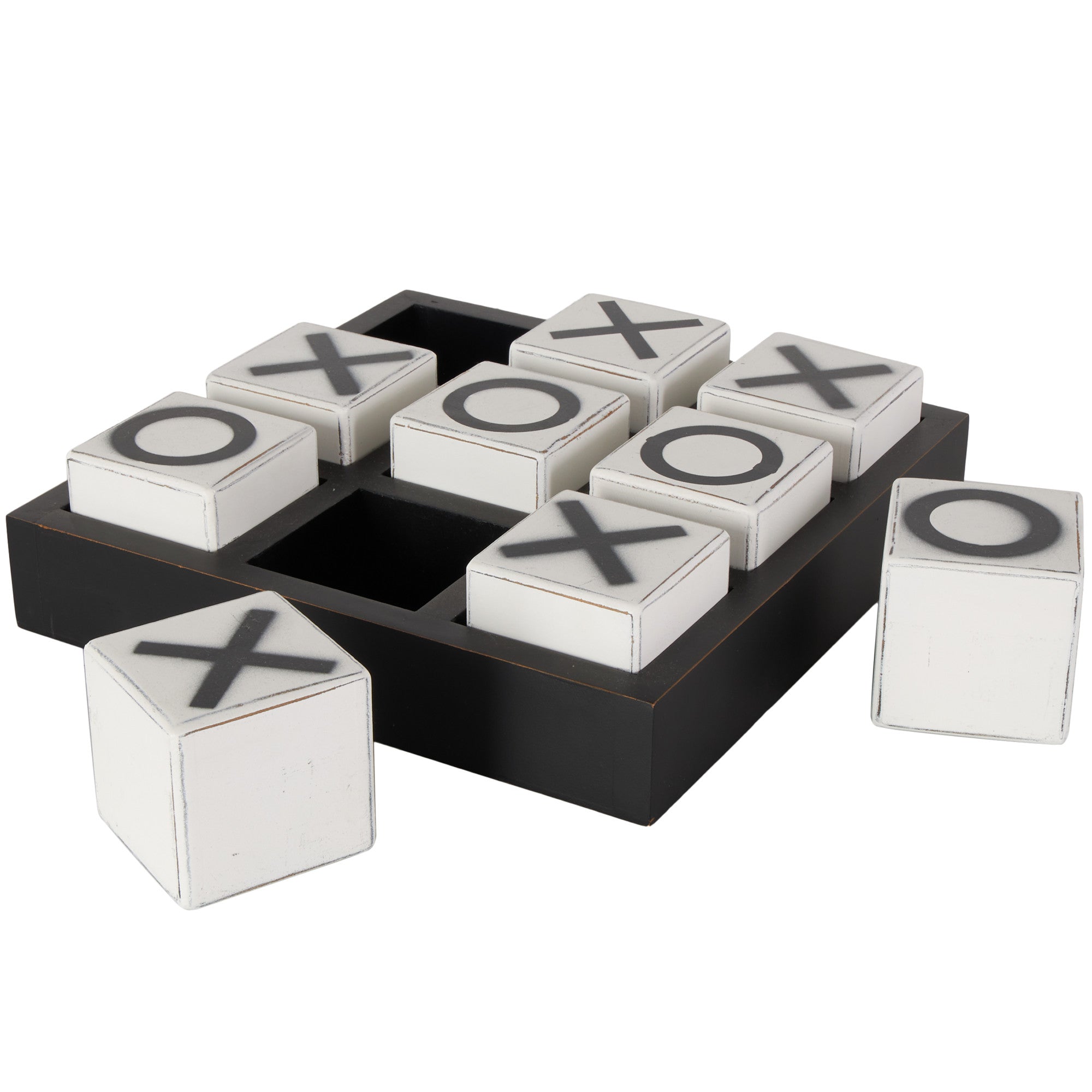 Tic Tac Toe Black Wooden Home Decor Game Set with White Block Pieces