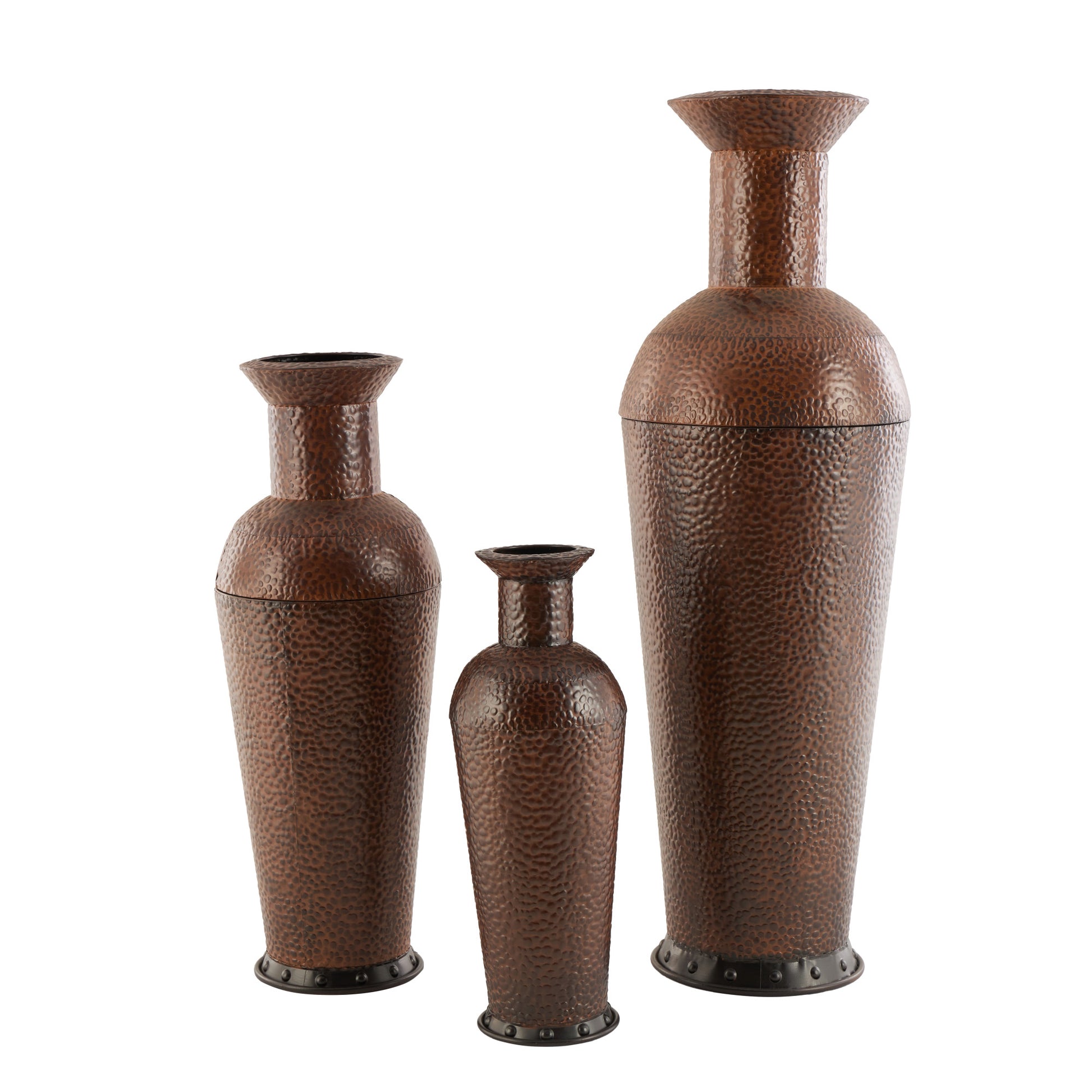 Set of 3 Dark Brown Metal Indoor Outdoor Tall Floor Bottleneck Decorative Vase with Bubble Texture and Studs