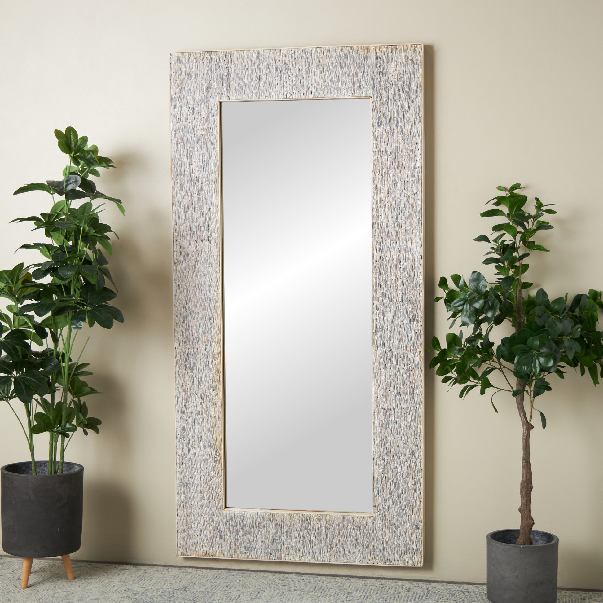 Beige Teak Wood Mosaic Room Floor Mirror with Brown Inner Frame
