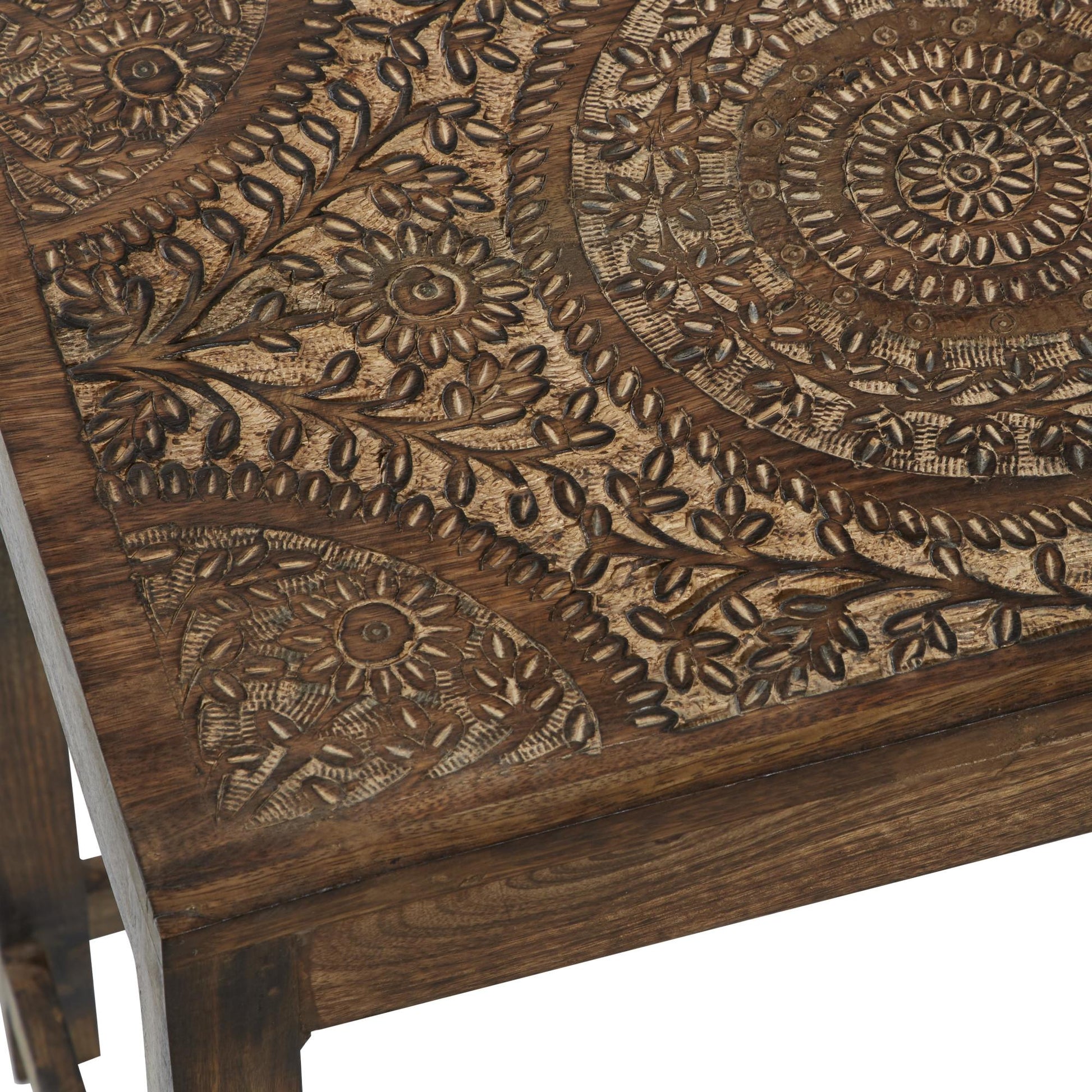 Set of 2 Floral Mango Wood Handmade Intricately Carved Side End Accent Table with Carved Tabletops