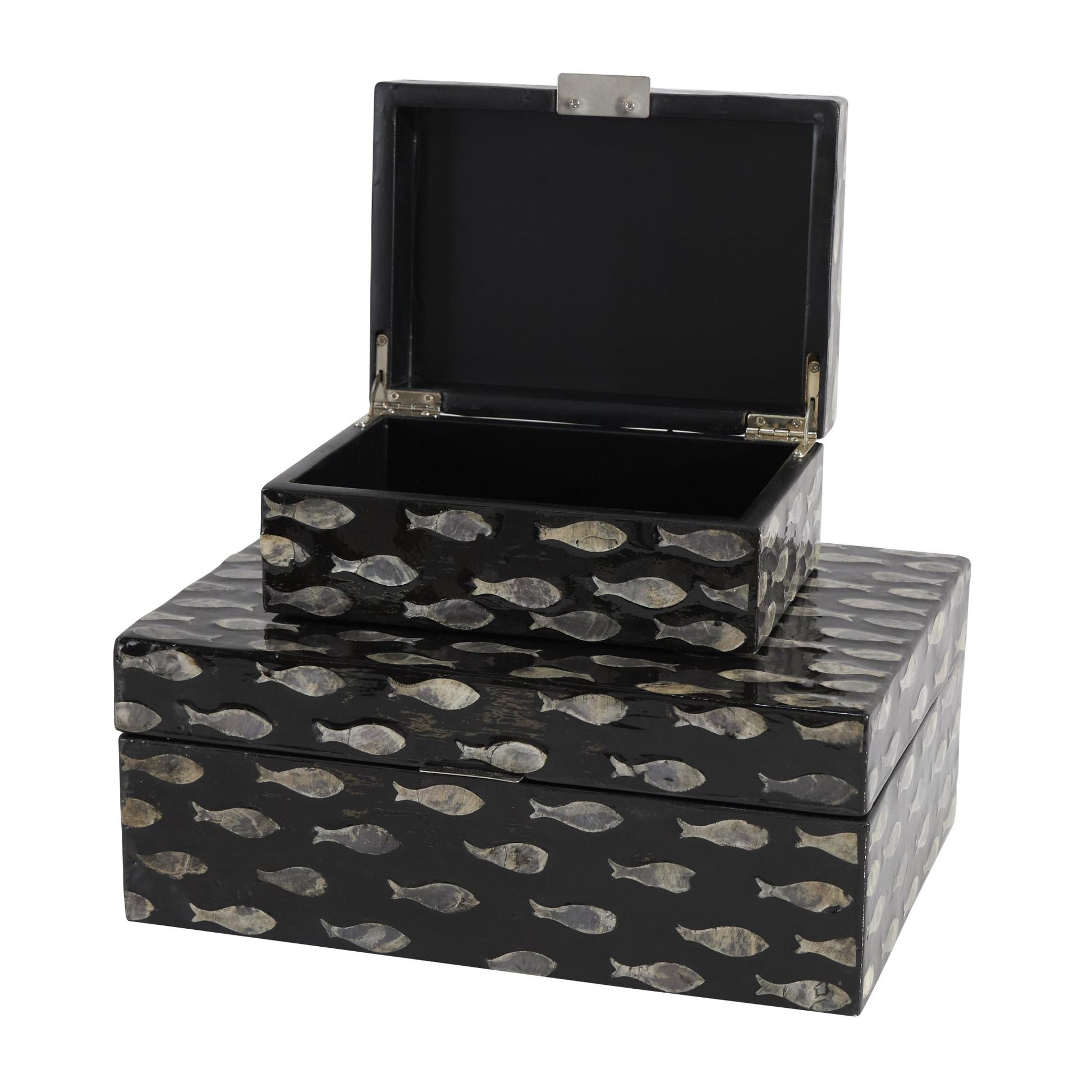 Set of 2 Floral Mother of Pearl Shell Decorative Box with Beige Accents