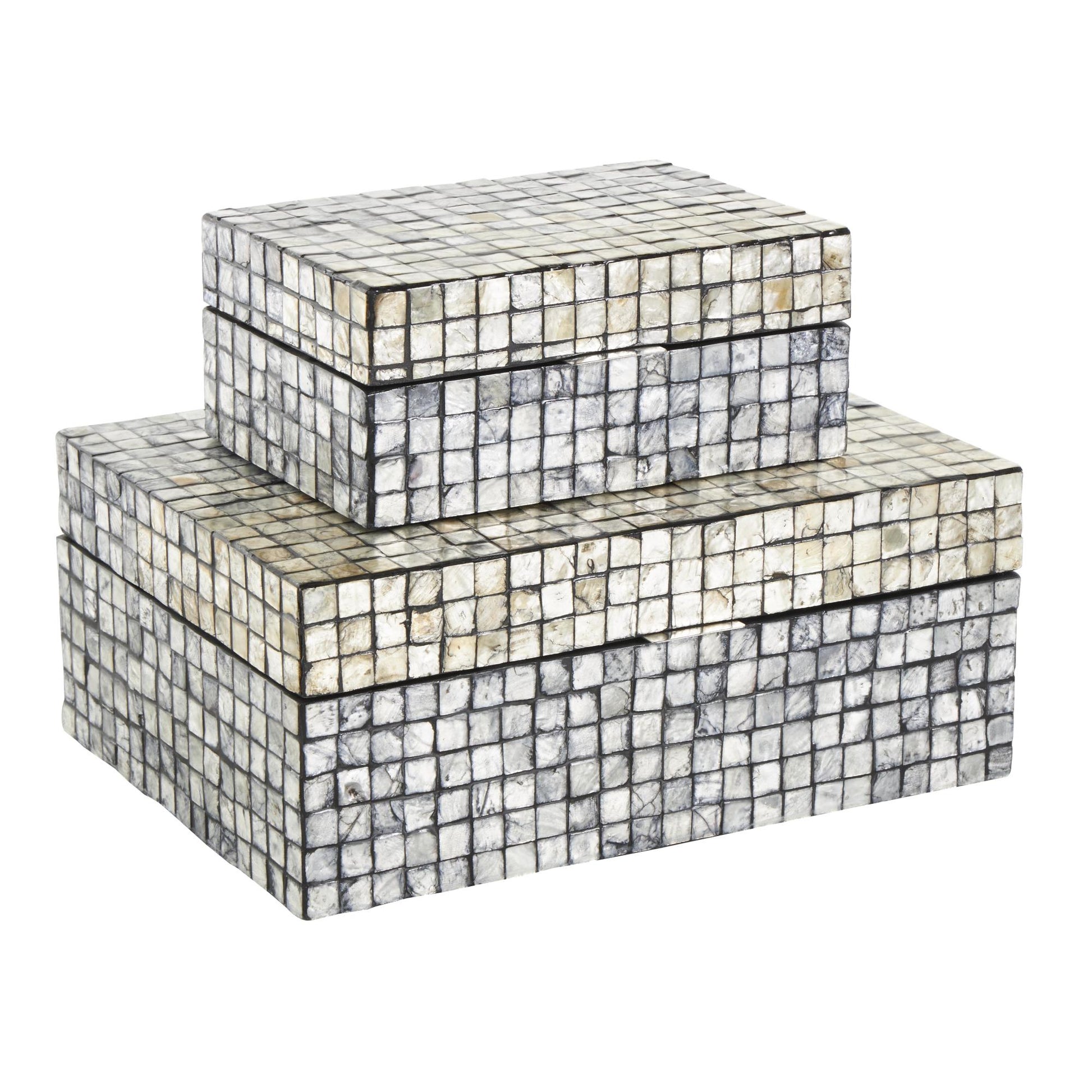 Set of 2 Geometric Gray Mother of Pearl Shell Handmade Square Mosaic Storage Decorative Box