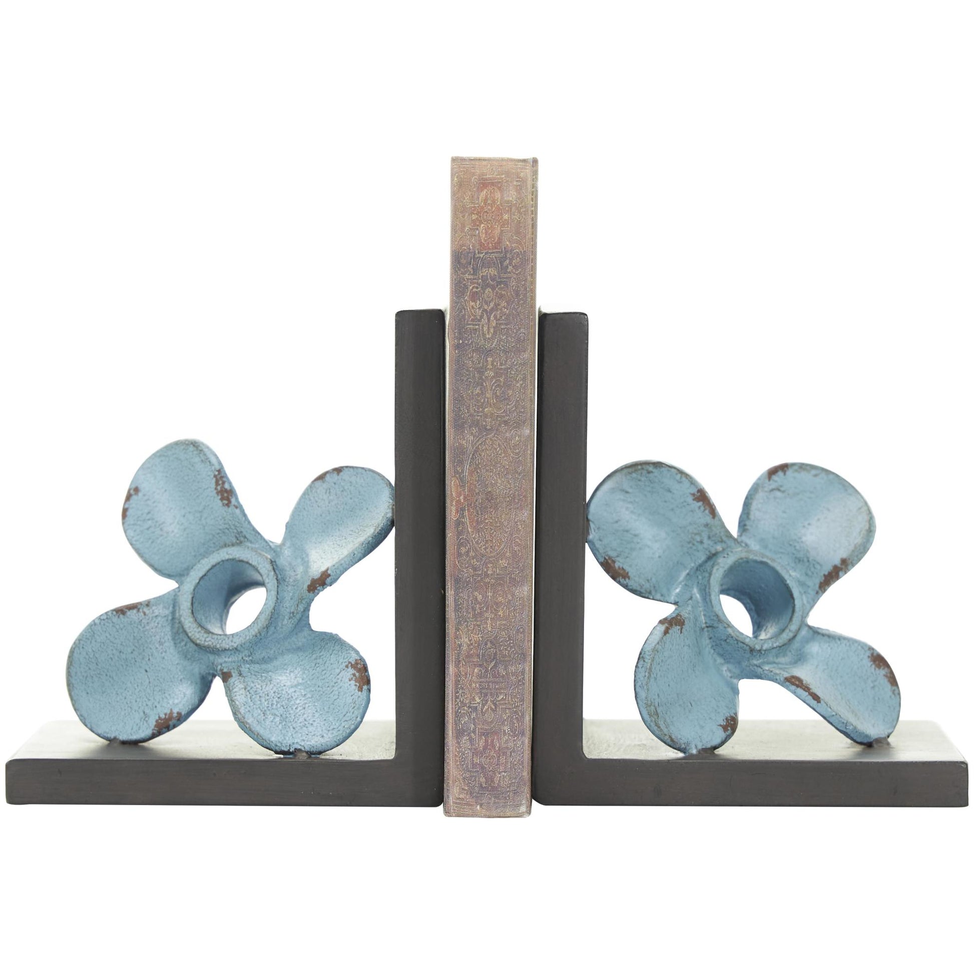 Set of 2 Boat Teal Metal Distressed Propeller Decorative Bookends with Brown L-Shaped Stands