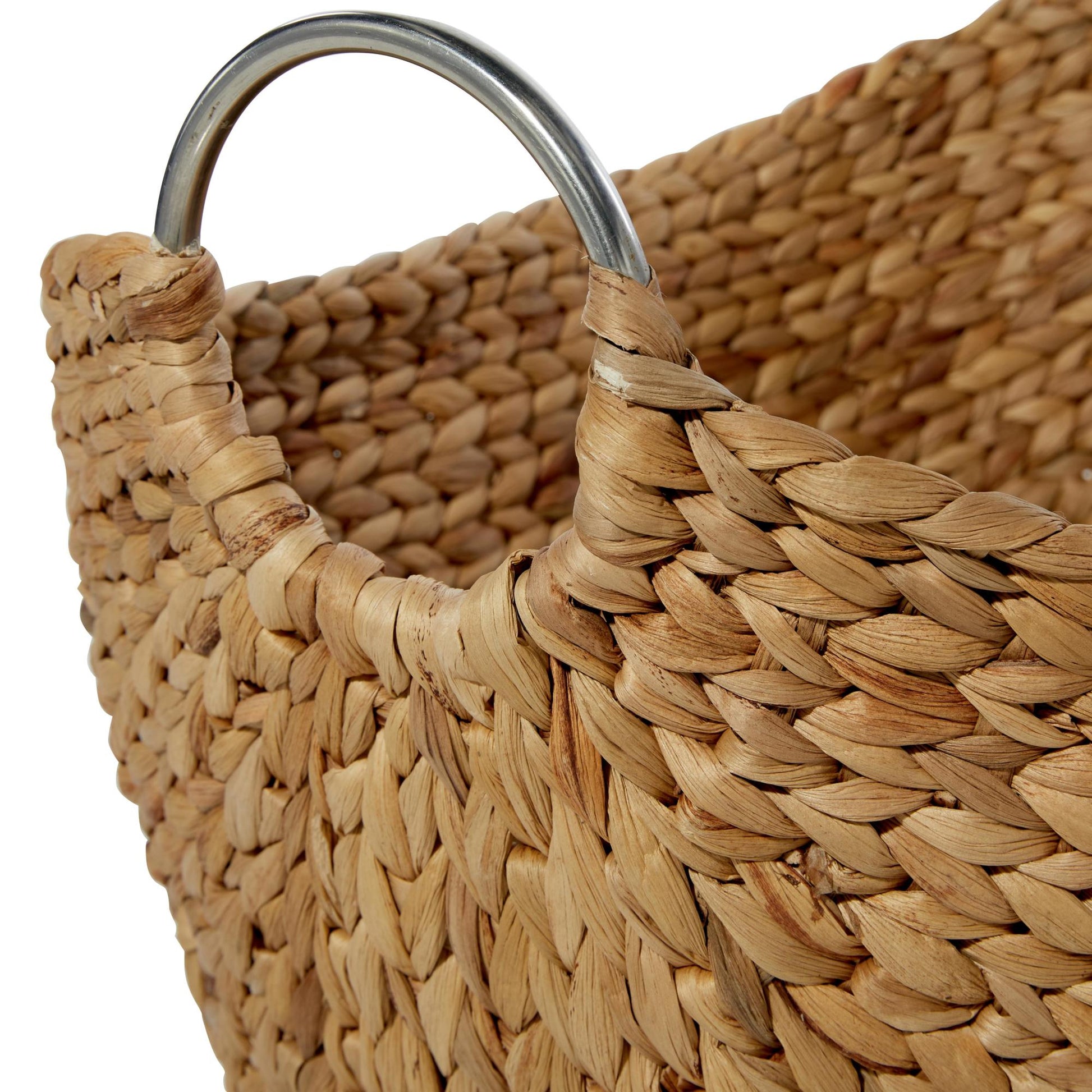 Set of 4 Brown Seagrass Handmade Woven Curved Decorative and Functional Storage Basket with Silver Metal Handles