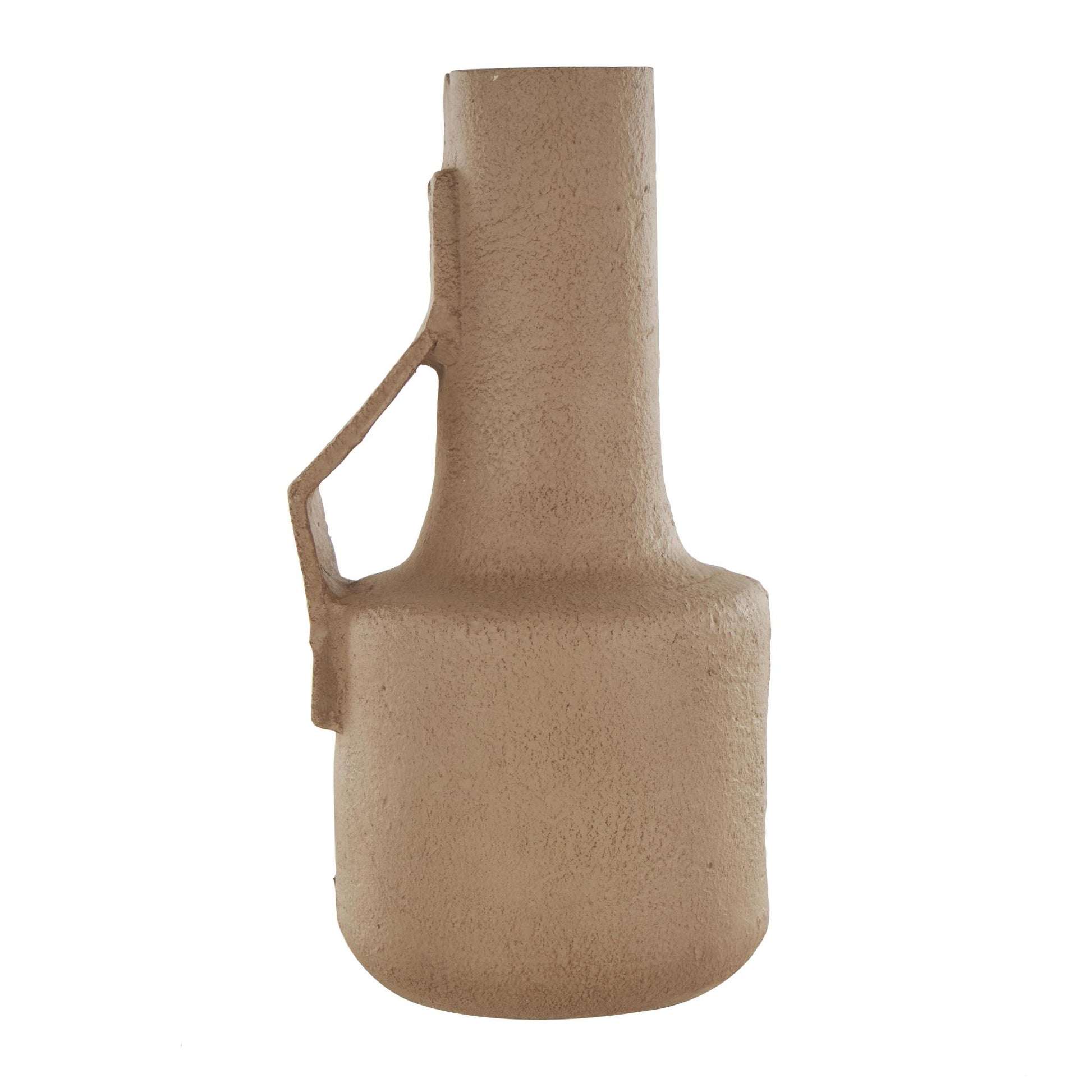Abstract Brown Paper Mache Distressed Textured Decorative Vase with Triangular Handle
