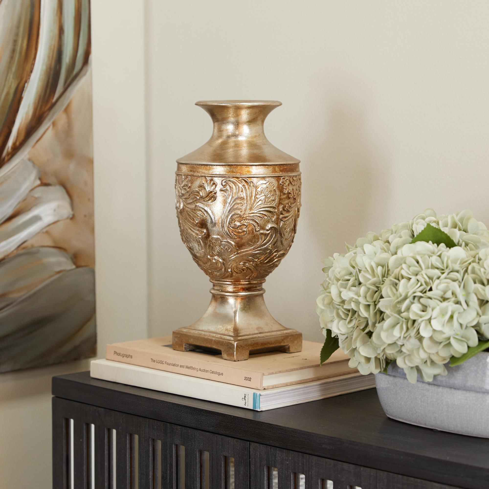 Fleur De Lis Gold Polystone Carved Decorative Vase