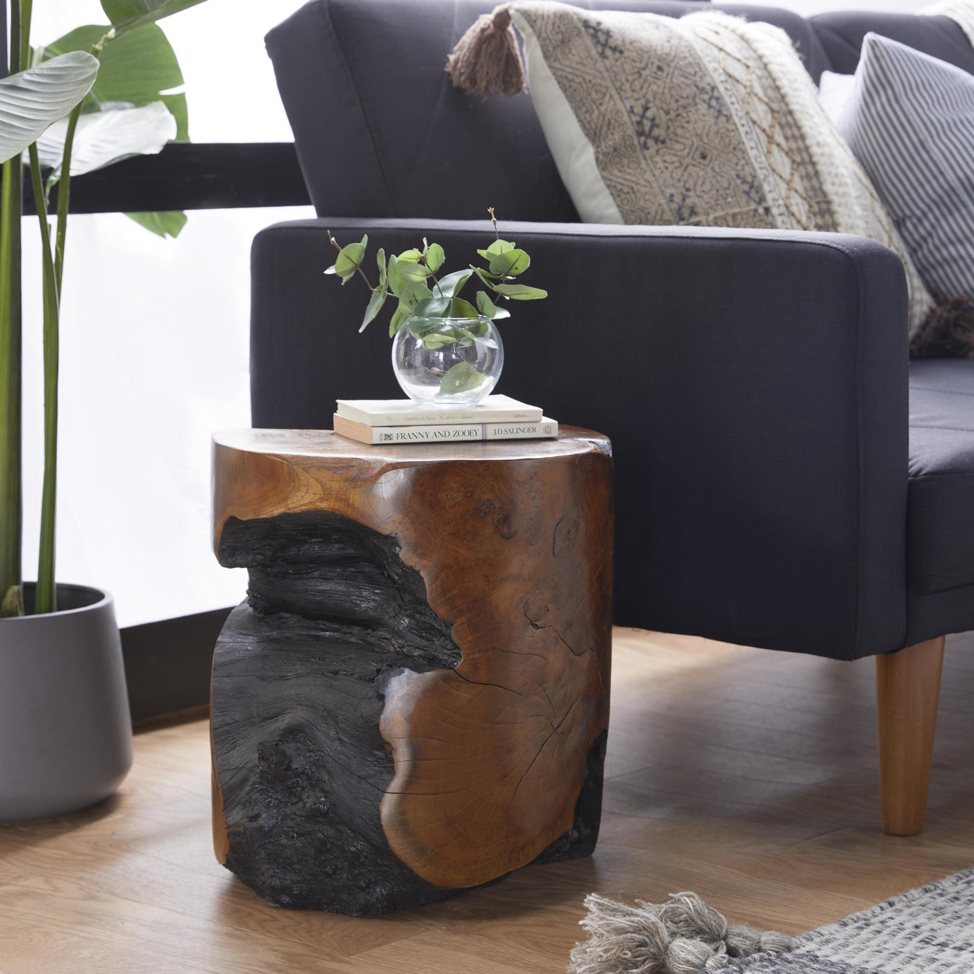 Brown Teak Wood Handmade Live Edge Stump Living Room Stool with Charred Detailing