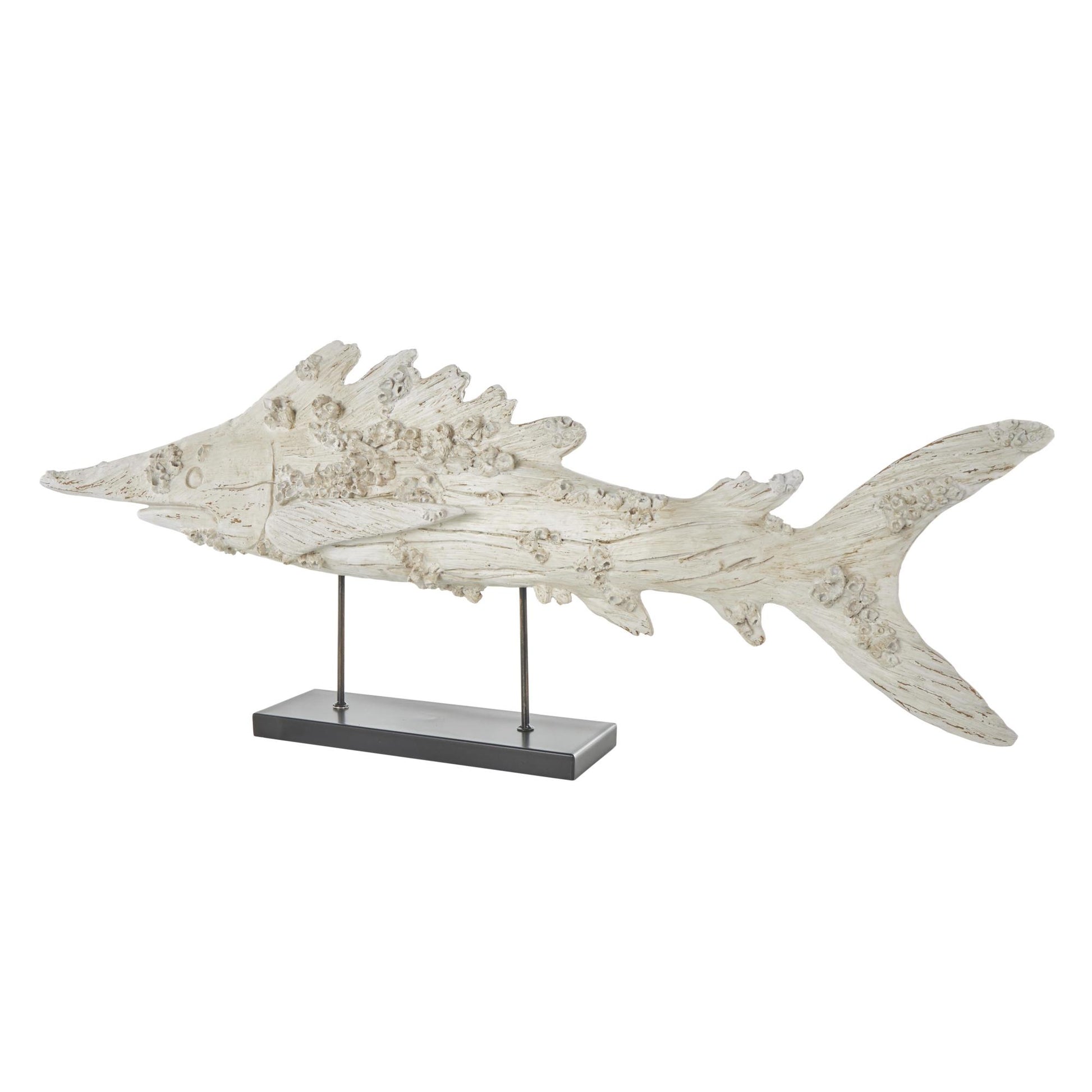 Fish Cream Polystone Textured Decorative Sculpture with Brown Distressing and Black Metal Stand