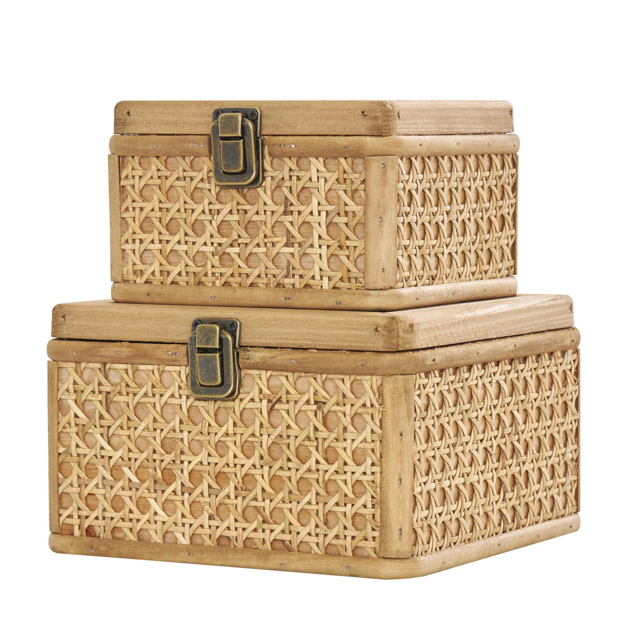 Set of 2 Brown Rattan Handmade Woven Rattan Decorative Box with Glass Tops and Bronze Latches