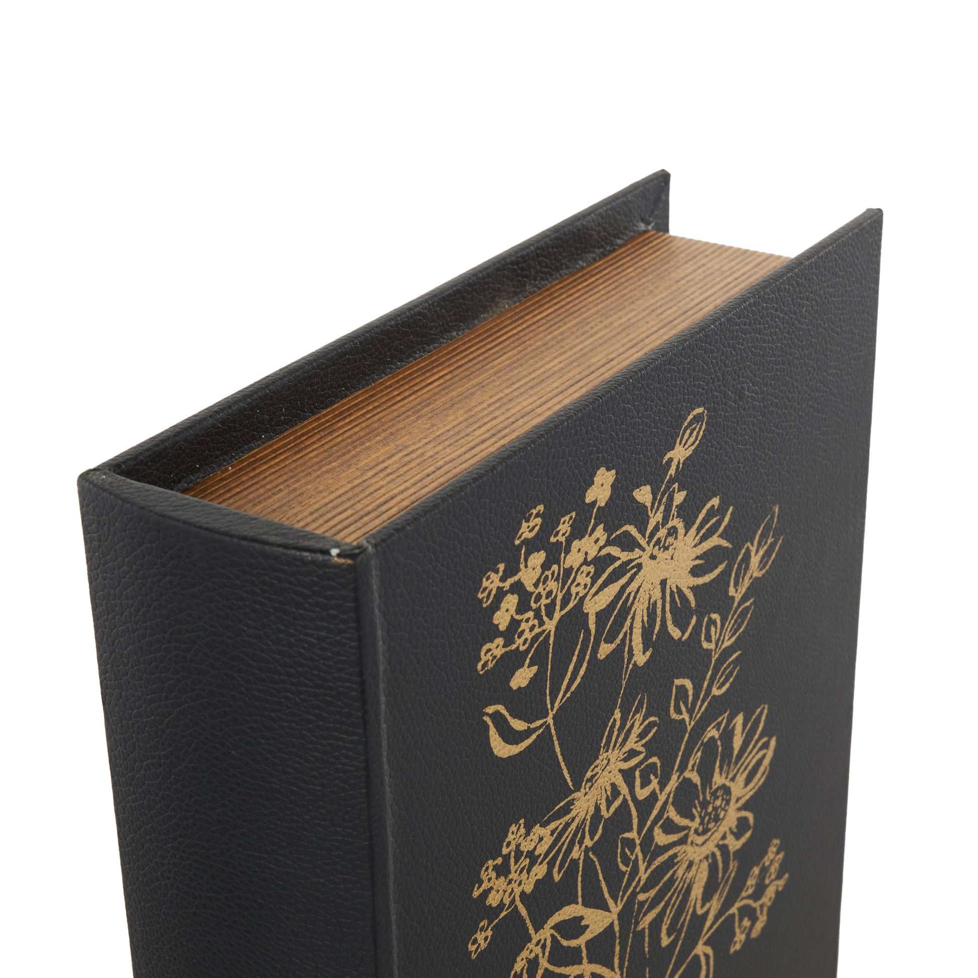Set of 3 Floral Black Faux Leather Outline Faux Book Storage Decorative Box with Metallic Gold Accents