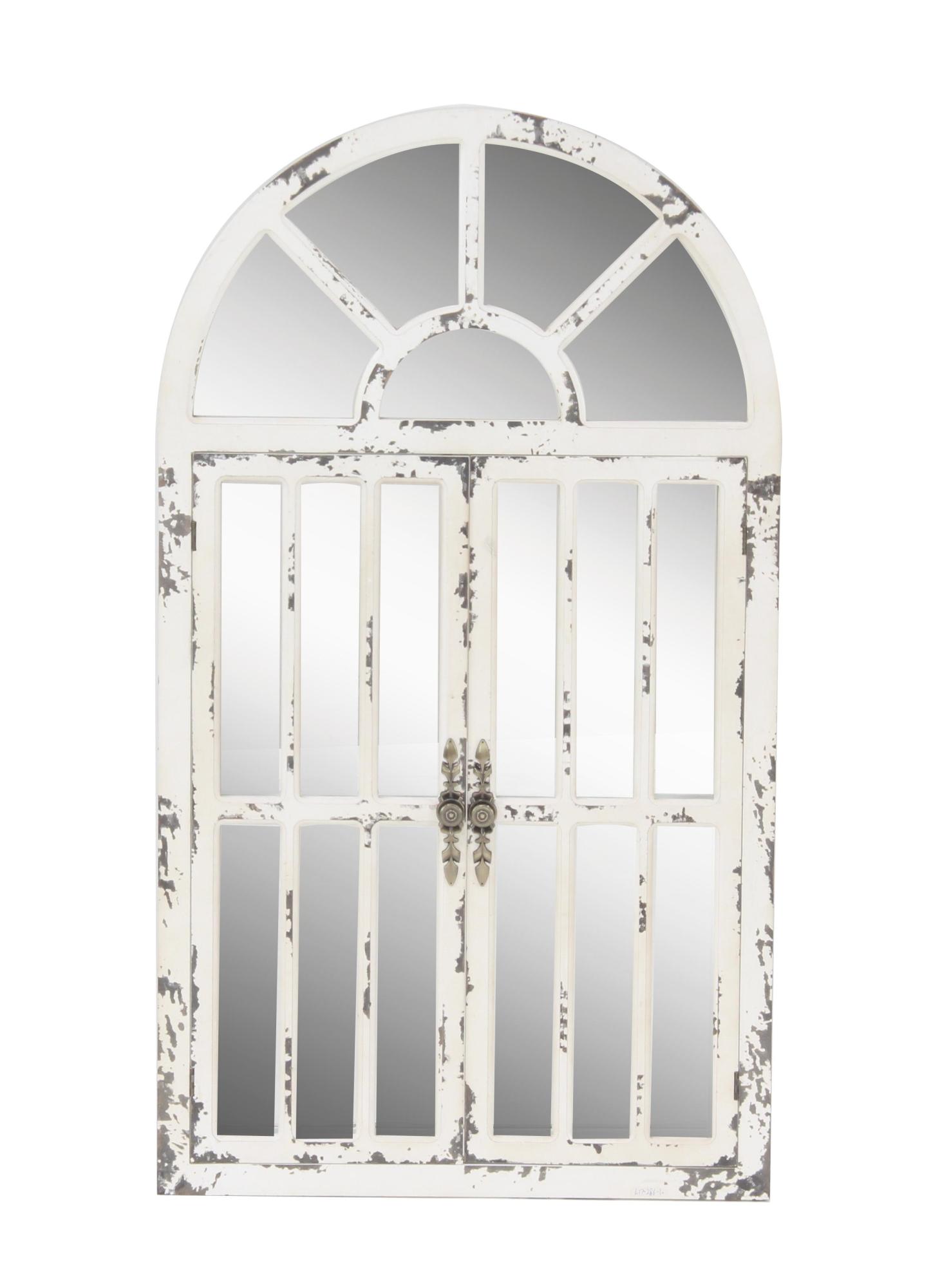 White Wood Window Pane Inspired 2 Door Room Wall Mirror with Arched Top and Distressing