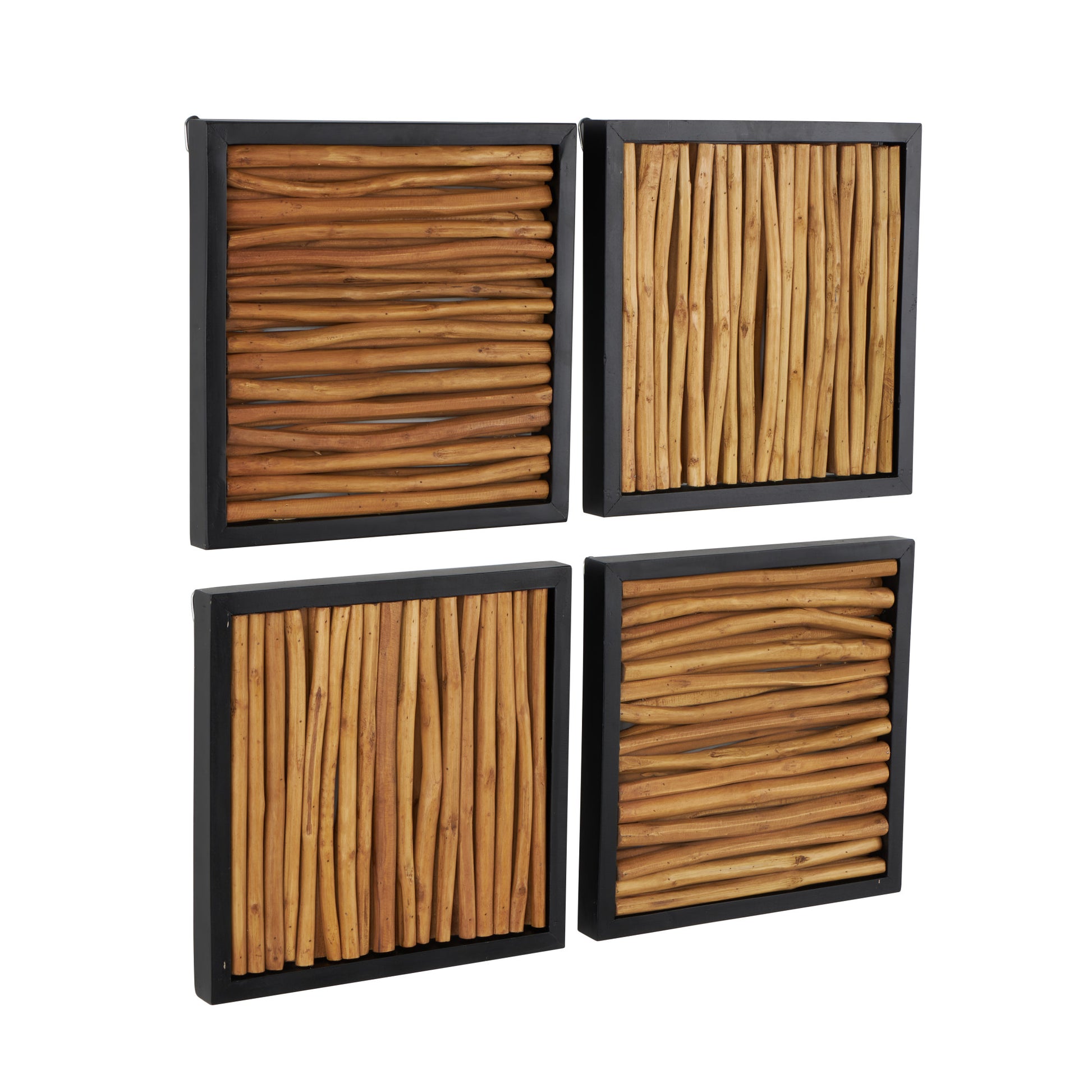 Set of 4 Abstract Brown Teak Wood Handmade Home Wall Decor with Horizontal Sticks and Black Frames